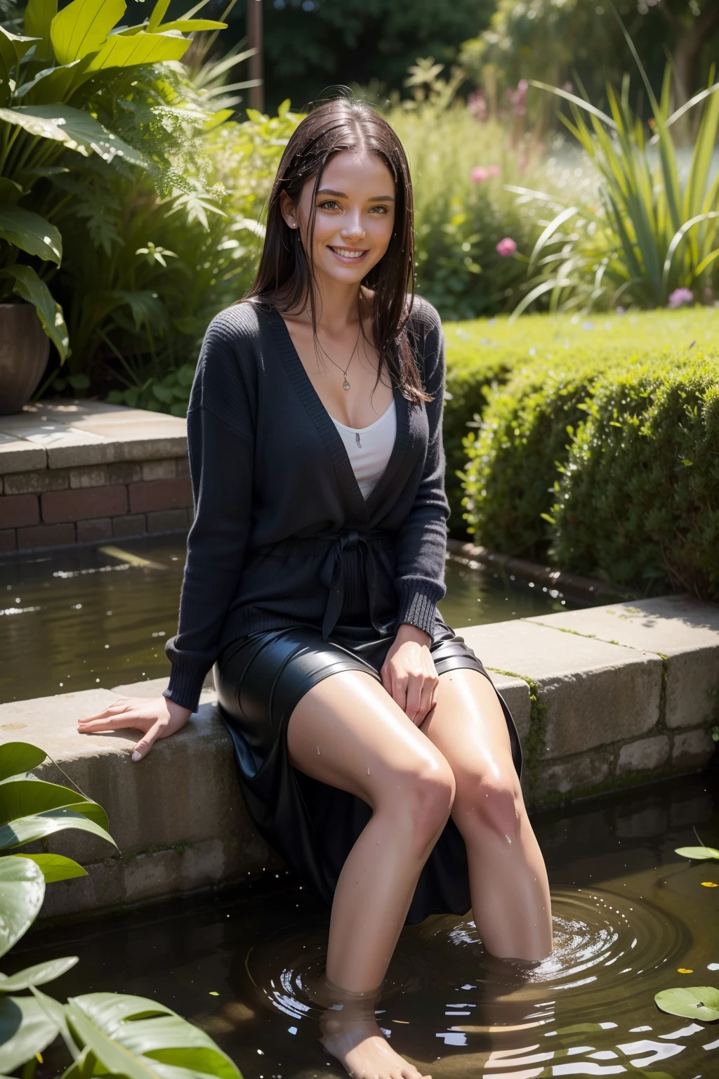 30 yo australian woman sitting in garden pond, wet clothes, soaked, cardigan, long skirt, wet skin, in waist deep, wet hair, clear sunny day, shadows, tranquil, soaked in oil, dripping oil, dripping water, running water, high resolution, best quality, alluring, wet straight dark hair, 8k, wet, jewelry, looking at viewer, smile, varied poses