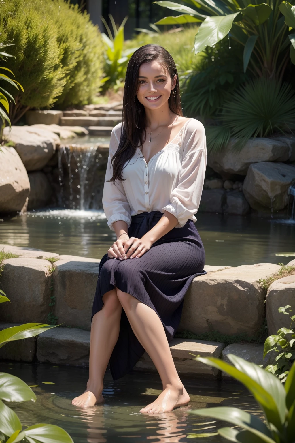 30 yo australian woman sitting in garden pond, wet clothes, soaked, cardigan, long skirt, wet skin, in waist deep, wet hair, clear sunny day, shadows, tranquil, soaked in oil, dripping oil, dripping water, running water, high resolution, best quality, alluring, wet straight dark hair, 8k, wet, jewelry, looking at viewer, smile, varied poses