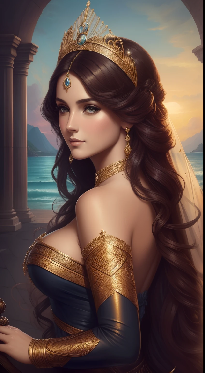 Maximum resolution 4k, (8k), beautiful woman, Princess of the Ocean, Reina de los mares, cheerful expression, hermosos ojos de colores, beautiful exotic figure, Traje sexy, traje digno de una reina del mar, detalles precisos, rostro detallado, fantasy, dramatic, intrincado, elegante, muy detallado, Pintura digital, Art Station, arte conceptual, smooth and sharp focus, illustration, arte de Gustave Dore, Octanaje, 4k , (solamente:1.4)