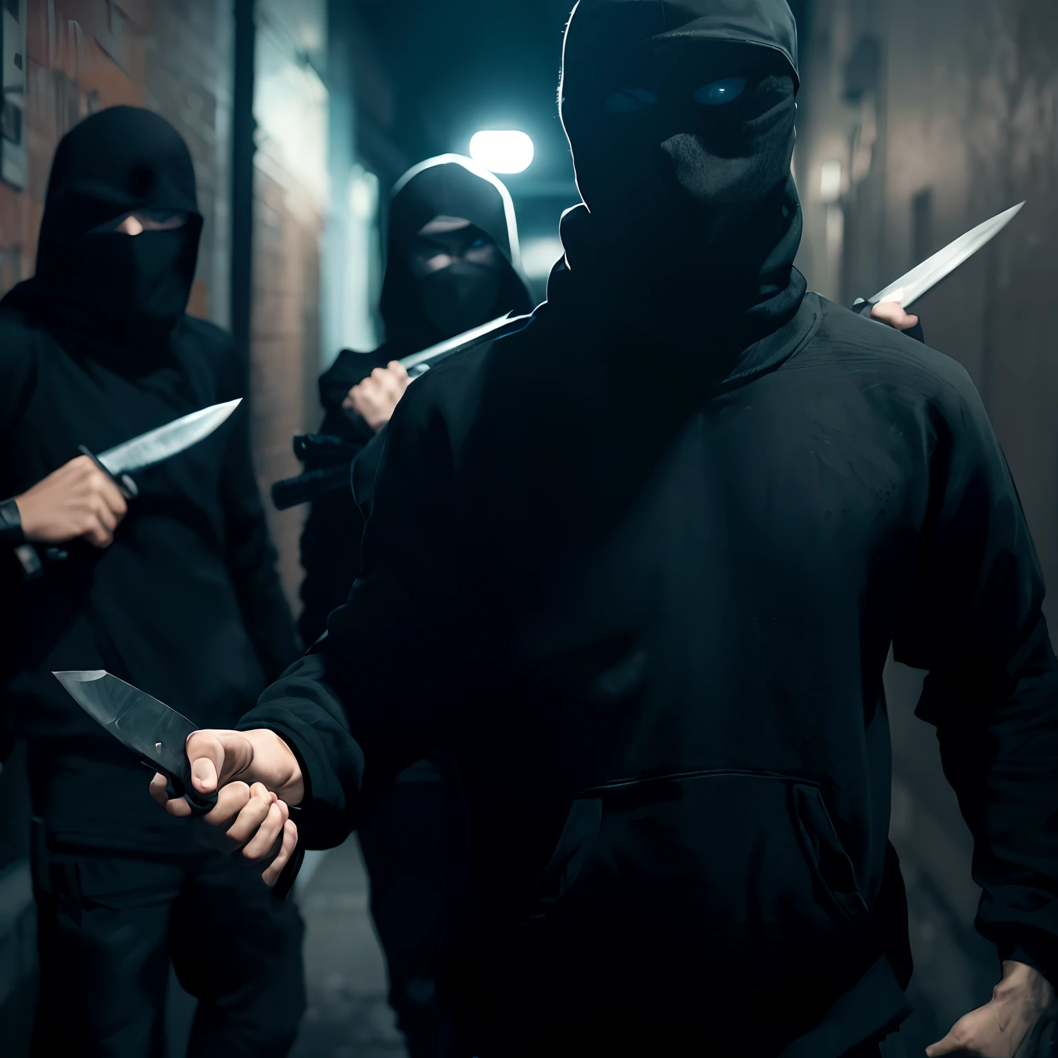 there are three men in black hoodies holding knives in a hallway, armed with edged weapons, chasing a robber down a street, in an alleyway during the purge, impending doom in an alleyway, holding daggers, wielding a knife, holding swords, fighting in a dark scene, hand to hand combat with machete, holding a knife, ninjas, bank robbery movies