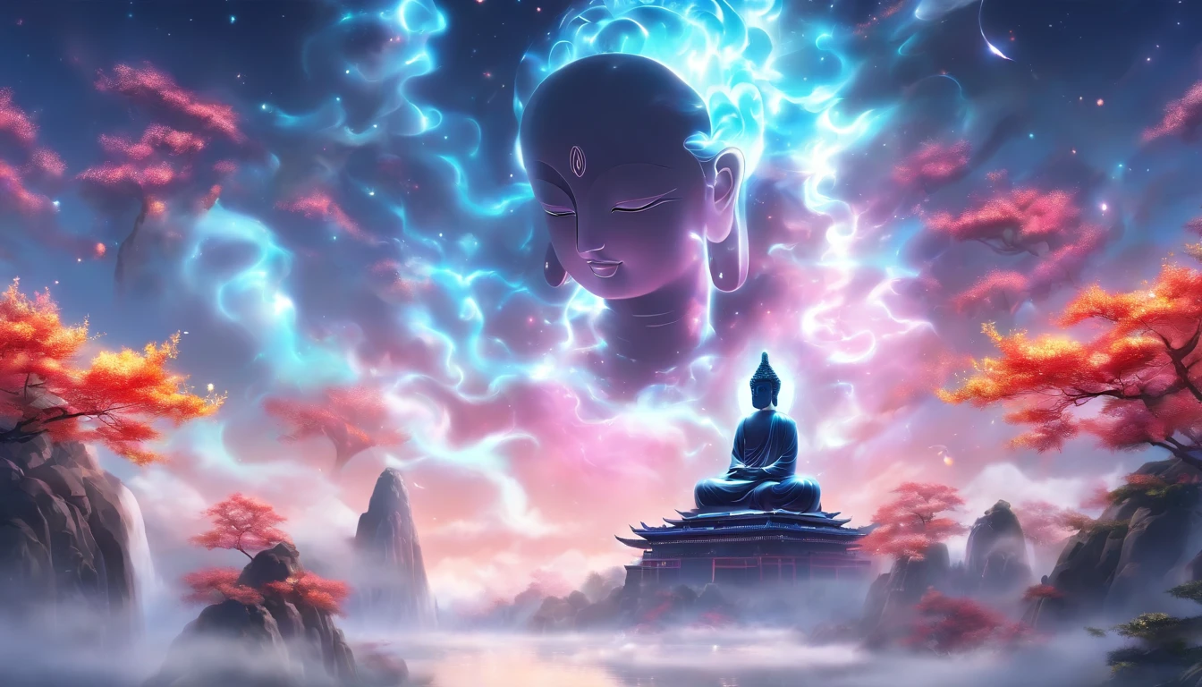 China-style，In the distance, The huge Maitreya Buddha statue stands in space，Gaze at the earth，Standing Buddha statue，with light glowing，Glow effects，Pilgrims on the road，Hyper-realistic，Ultra photo realsisim，Real Photographics，8K，High definition，high qulity，Works of masters，super-fine，Chinese black and white ink style，（（（white colors））），Decolorization，Smudge，ink，8K，super-fine，high qulity，（（（OC renderer）））