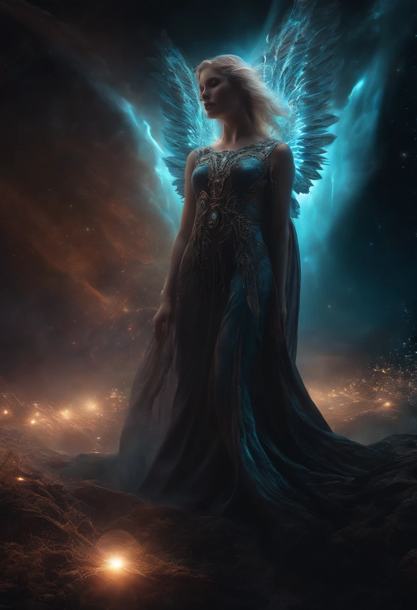 Cosmic Fallen Angel, glowing light eyes, Biomechanical, eerie, Creepy, nightmarish, Very bright colors, Light particles, with light glowing, Mshiff, wallpaper art, UHD wallpaper