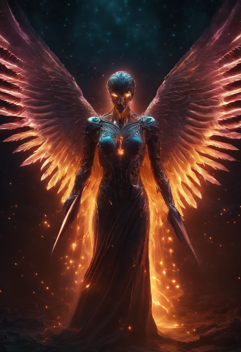 Cosmic Fallen Angel, glowing light eyes, Biomechanical, eerie, Creepy, nightmarish, Very bright colors, Light particles, with light glowing, Mshiff, wallpaper art, UHD wallpaper
