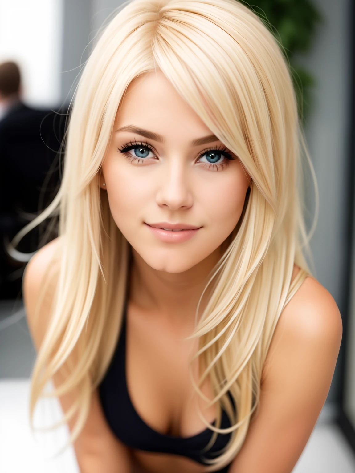A very beautiful and alluring blonde girl, looking at the camera.