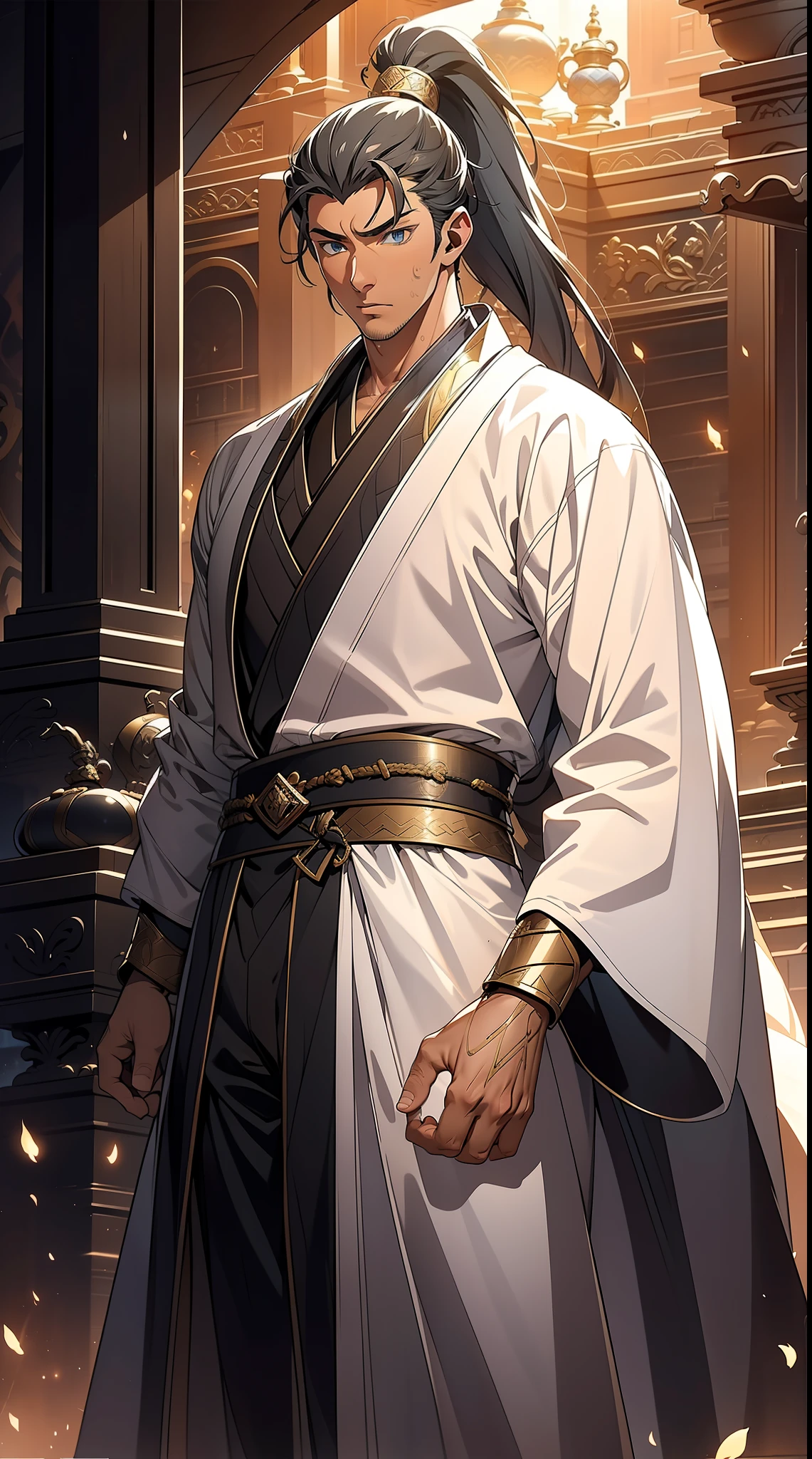 quadratic element，style of anime，mtu（Male Warrior），The proportions are correct，Face details，swordsmen，High ponytail hairstyle，Neck details，There is an Adam's apple，White robe，kaftan，long white robe，clothes details，Handing over，longer sleeves，Game quality，Swordsmanship，Light and shadow tracking，Ray traching，detailed glow，cg render，hair detail，cabelos preto e longos，blue colored eyes，Handsome，Handsome，（juvenile sense），Clothing is complicated，Perfectcomposition，Refinement，high qulity，higher details，Lots of details，The background is complex，a sense of atmosphere，