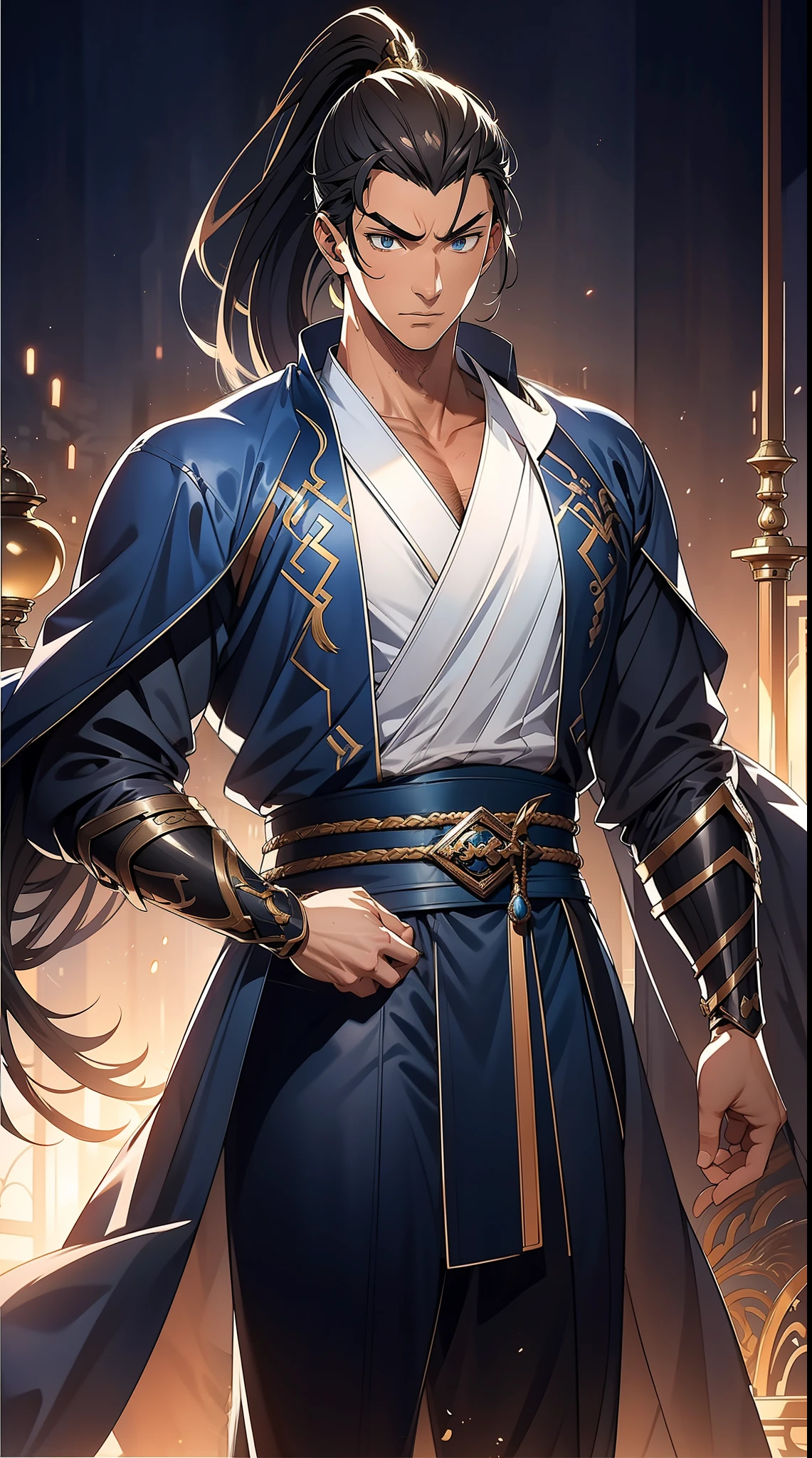 quadratic element，style of anime，mtu（Male Warrior），The proportions are correct，Face details，swordsmen，High ponytail hairstyle，Neck details，There is an Adam's apple，Blue suit，kaftan，long blue robes，clothes details，Handing over，longer sleeves，Game quality，Swordsmanship，Light and shadow tracking，Ray traching，detailed glow，cg render，hair detail，Black long hair，blue colored eyes，Handsome，Handsome，（juvenile sense），Clothing is complicated，Perfectcomposition，Refinement，high qulity，higher details，Lots of details，The background is complex，a sense of atmosphere，