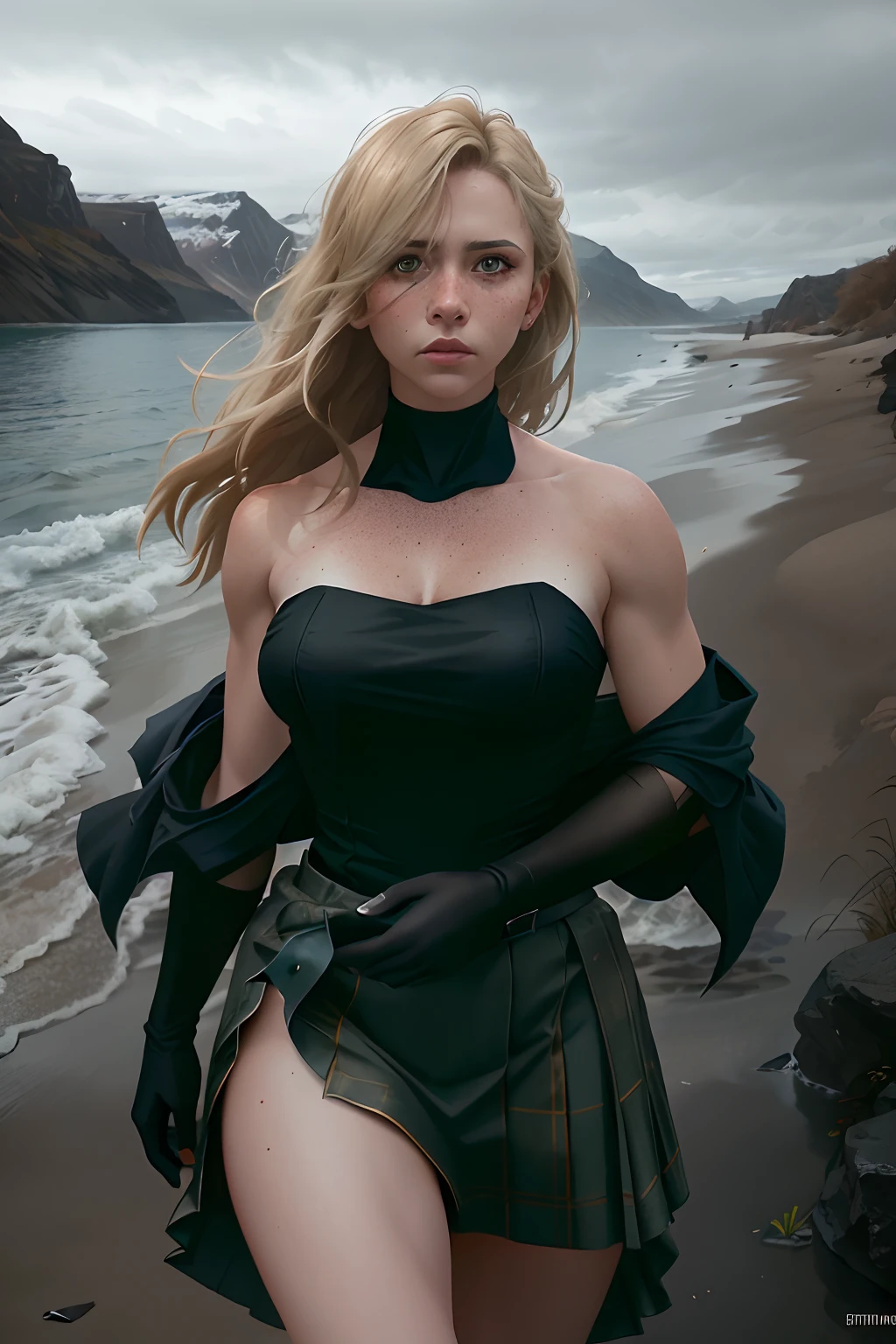 deepshadow, sinister, an award winning photograph, Best quality, Masterpiece, Upper body, woman, Freckled face, Blonde hair blown by the wind, Emerald eyes, Jeremy Lipkin's modern strapless dress, author：Antonio J. Manzanedo, author：Lee Jeffries Nikon D850 Film Stock Photo 4 Kodaport 400 Camera F1.6 Shots rich colors Ultra-realistic realistic textures Dramatic lighting Trends on Unreal Engine ArtStation CineStill 800, fisheyelens, Style-Kilt, Windy beach, Scottish lakes, forest
