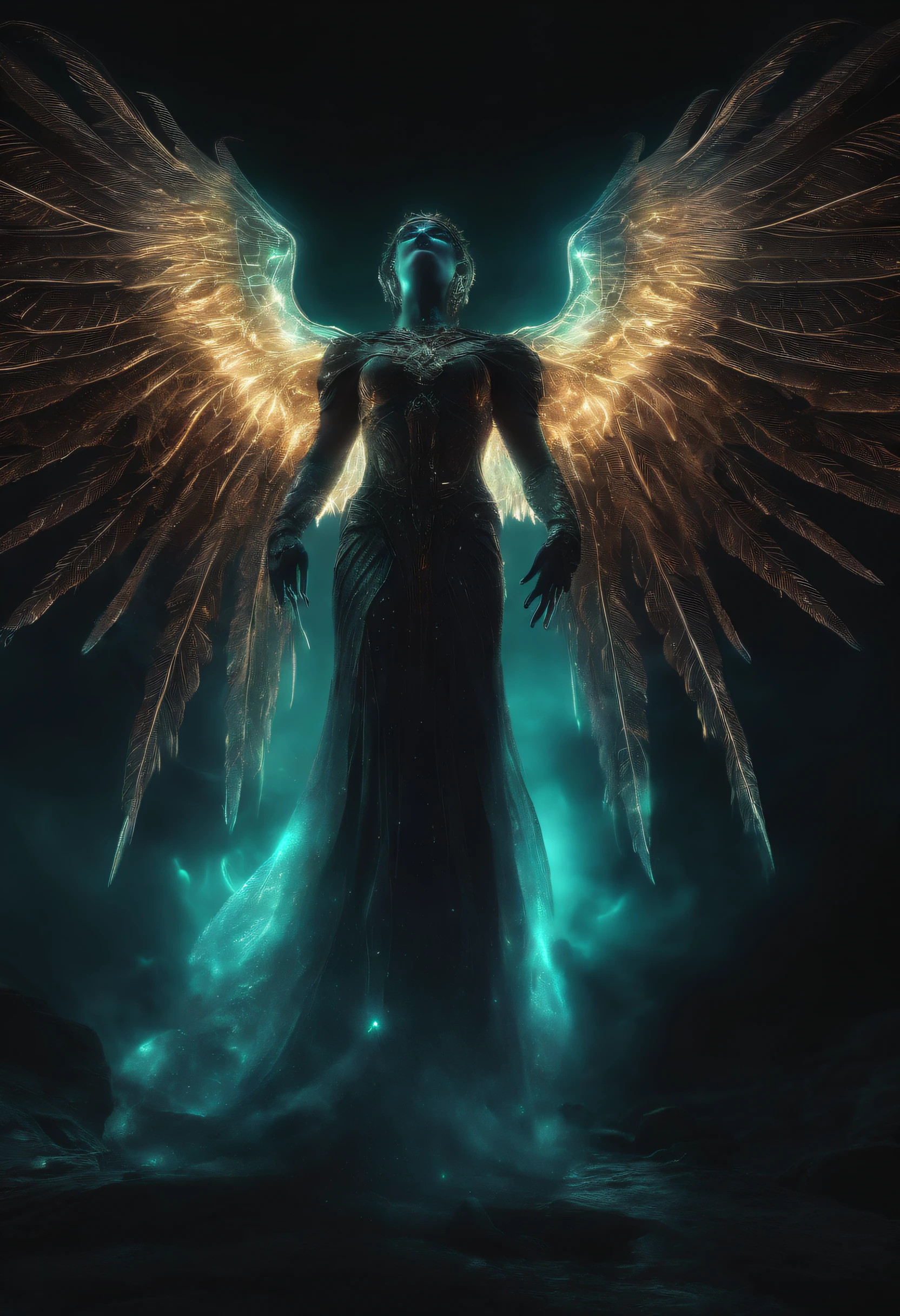 Cosmic Fallen Angel, glowing light eyes, Biomechanical, eerie, Creepy, nightmarish, Very bright colors, Light particles, with light glowing, Mshiff, wallpaper art, UHD wallpaper