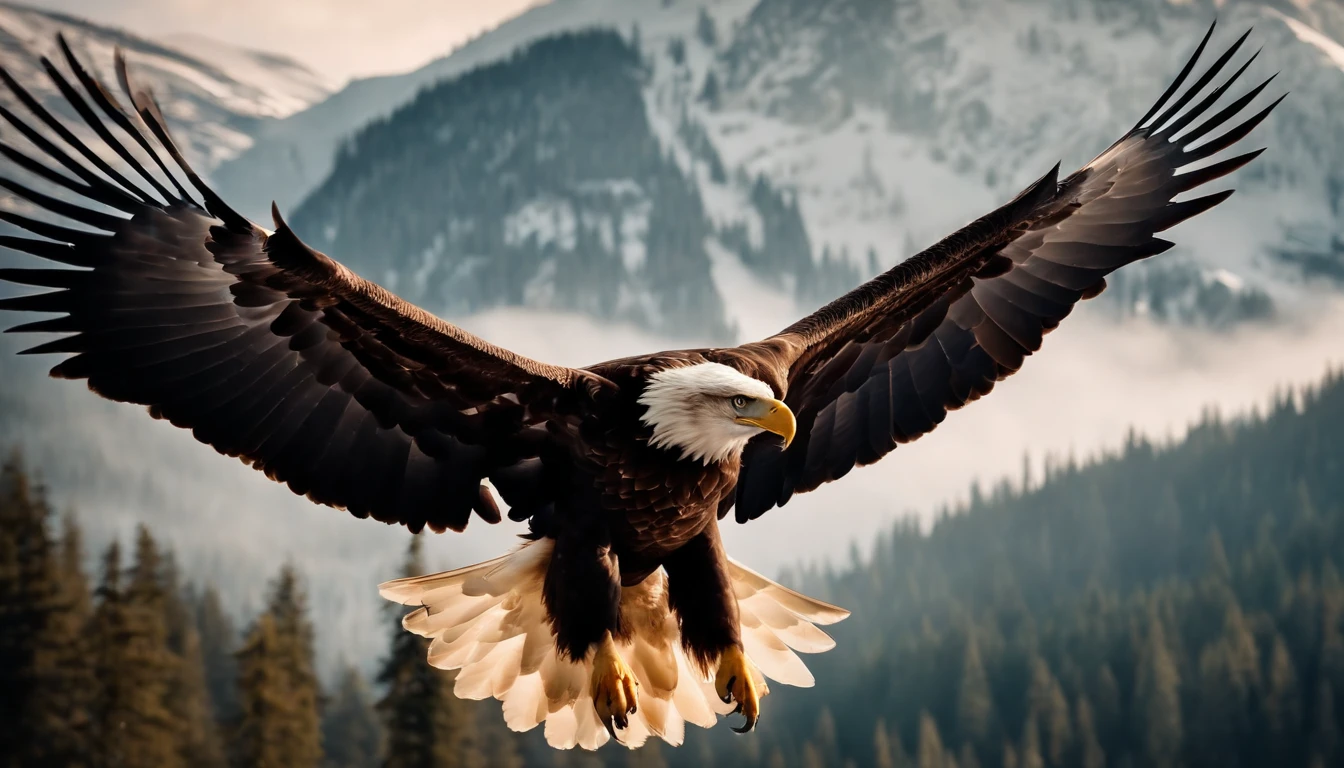 A painting of eagles flying through the mountains and forest