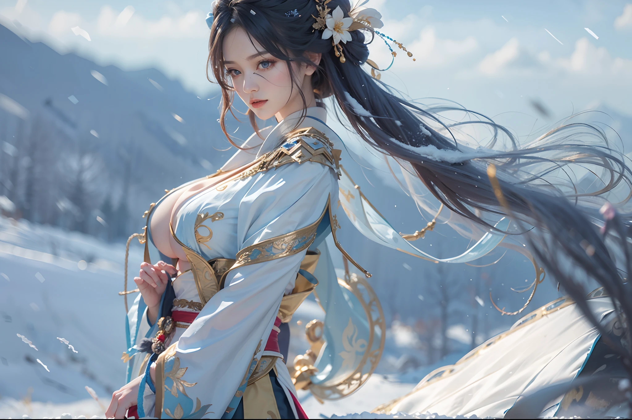 8K,tmasterpiece,Volumetriclighting,eventide, one-girl,beuaty girl,Dynamic action,with hands behind her back,standing in the snowy mountain,Hanfu,short skirt,Casual hairstyle,Messy hair,big breasts exposed cleavage,blue gem