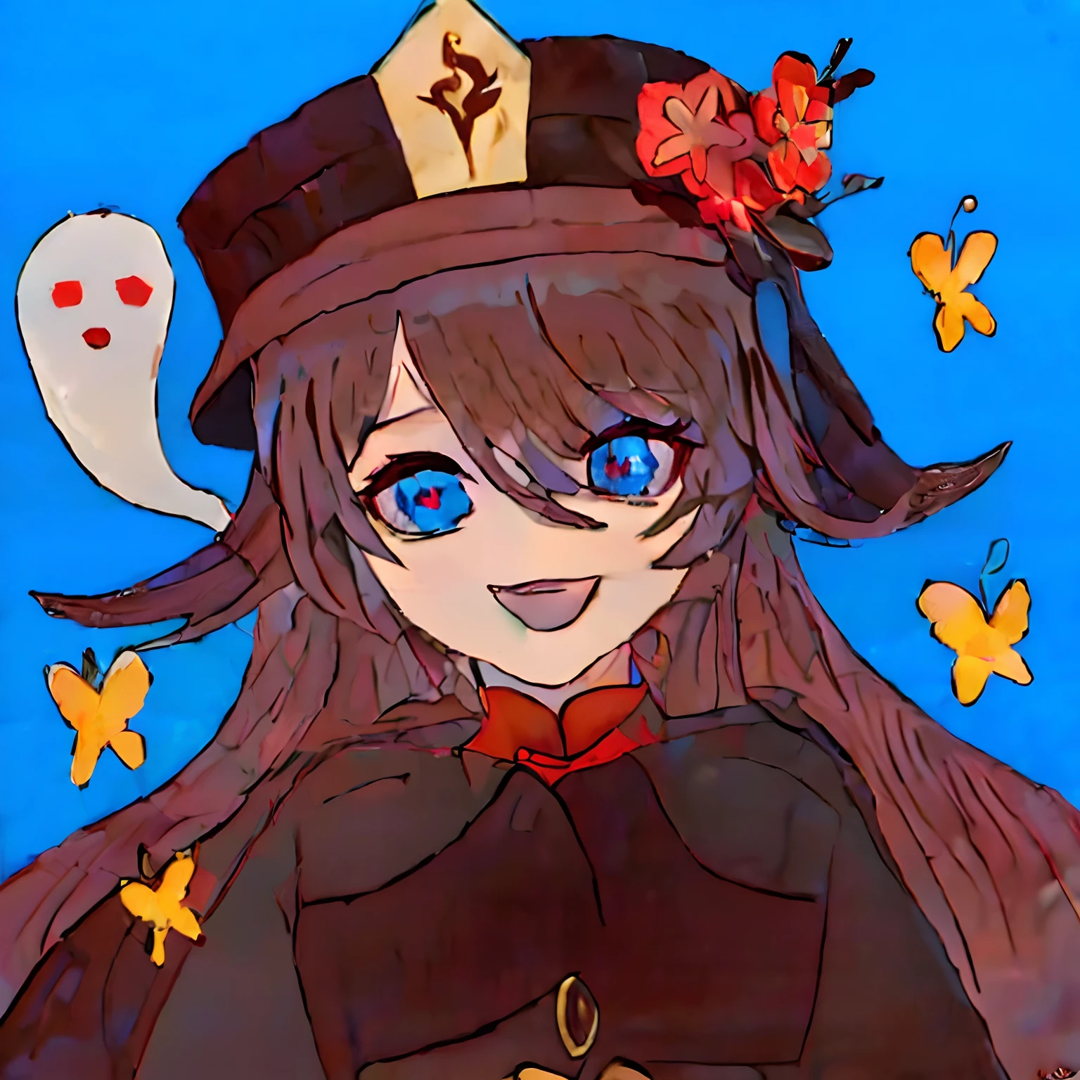 Girl,hutao,brown hair ,blue eyes love,long hair,realistic,white skin , flower is red , the clothes are red and brown, the hat is brown with white on it, the butterfly is gold and the ghost is grayish white helps you with easy art creation!
https://www.seaart.ai/s/TVBos7