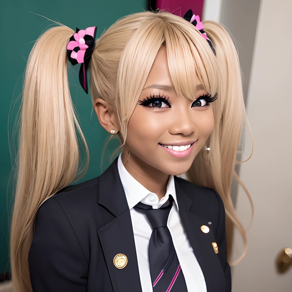 a gyaru woman, dark skin, looking at viewer, big tits, blonde, smoky eyes, big smile, pigtails, asian, eyeliner, school uniform, tie, mascara, bunny suit