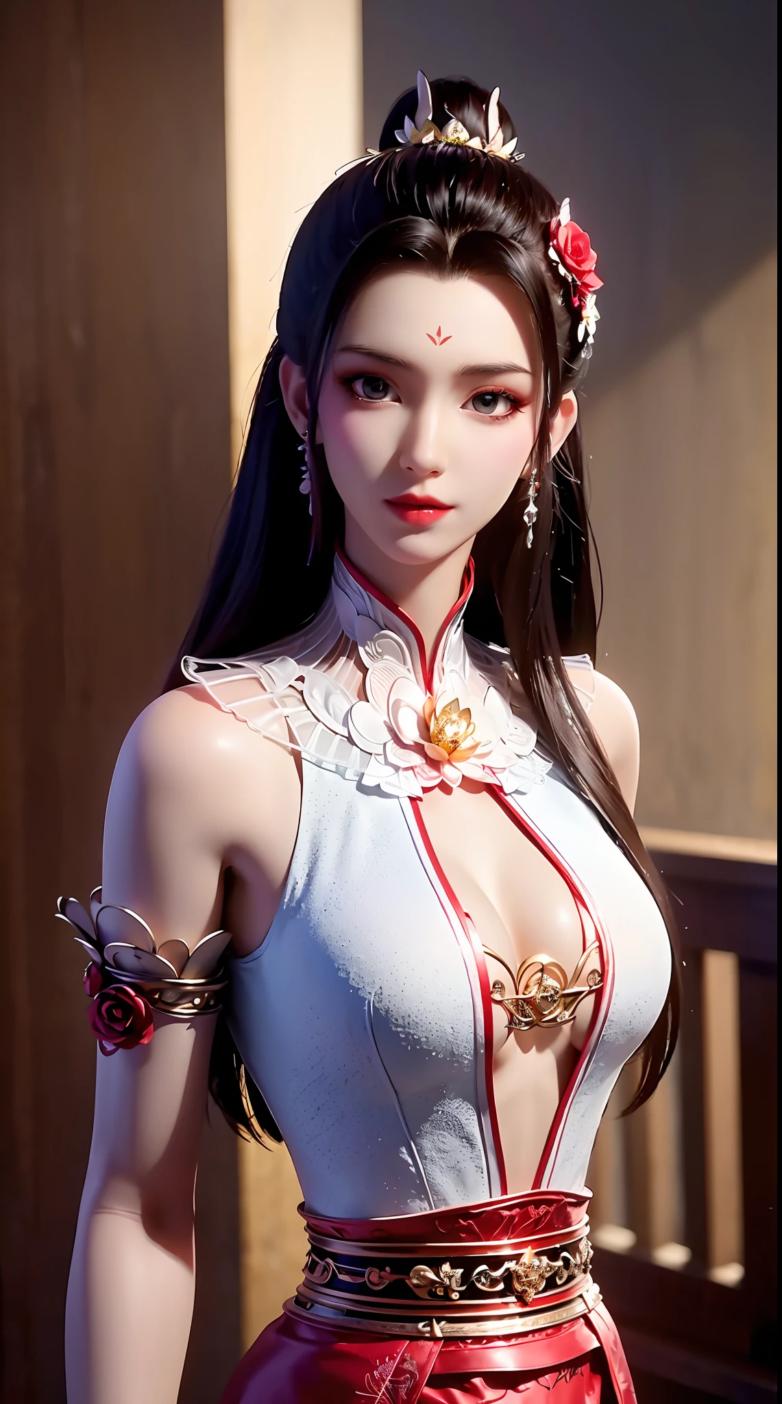 "1 beautiful girl wearing traditional costume, long thin red and white silk dress meticulously sewn, low-cut shirt, low slit, long black hair and bangs, most detailed and beautiful hair jewelry, mold most beautiful and flawless face, ((black eye pupils:0.8)), very beautiful eyes, big round eyes, ((red brown eyes:1.6)), beautiful and detailed makeup eyelashes, nose tall, earrings, small red lips, rosy face, clean face, flawless beautiful face, smooth white skin, ((large breasts: 0.9)), Blums breasts, ((chest big and super round: 0.9)), ((super tight breasts: 1.2)), ((breast augmentation: 0.8)), beautiful breasts, slim and petite body, ((thin waist: 0, 9)), upper body of a beautiful girl, sexy girl, fishnet stockings color coordinated according to outfit, 8k photo, super high quality, surreal, 10x super pixels, realistic photo, dark studio, background bright, two-tone light, (high detail skin: 1.2), 8k uhd, soft light, high quality, volumetric light, realistic, High resolution photo, light, best photo, quality 4k, 8k, smooth and sharp, increased pixels by 10 times, super graphics, most realistic graphics, (((background of exotic roses: 1.6))), 1 girl, alone, solo, ((portrait direct:1.2)), Extremely sharp, super realistic images."