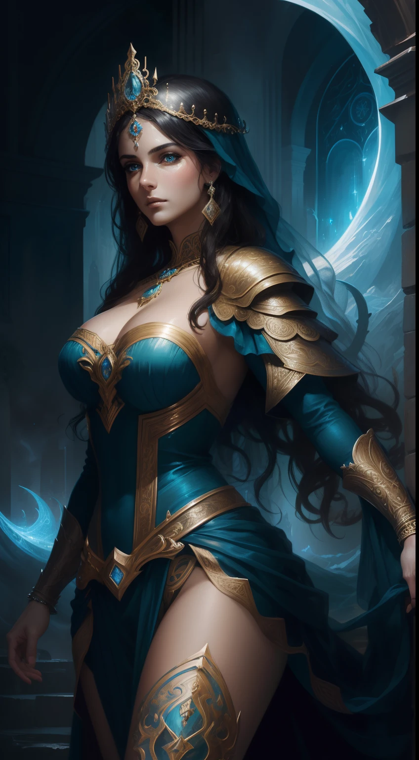 Maximum resolution 4k, (8k), beautiful woman, Princess of the Ocean, Reina de los mares, cheerful expression, hermosos ojos de colores, beautiful exotic figure, Traje sexy, traje digno de una reina del mar, Standing at the top of a palace, olas gigantes, Epic Background, detalles precisos, rostro detallado, fantasy, dramatic, intrincado, elegante, muy detallado, Pintura digital, Art Station, arte conceptual, smooth and sharp focus, illustration, arte de Gustave Dore, Octanaje, 4k , (solamente:1.4)