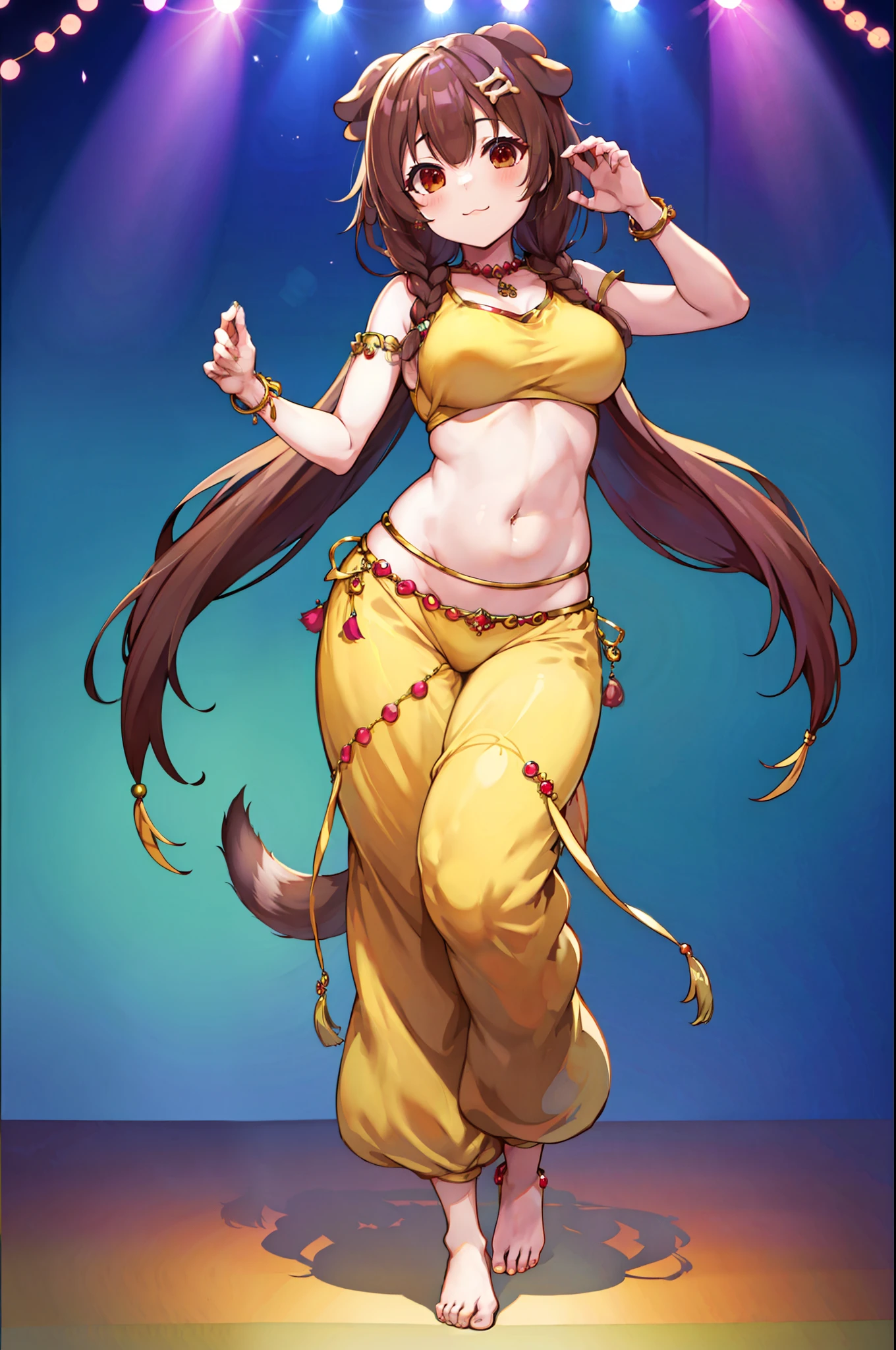 ((Tanuki girl)), ((full body)), ((standing pose)), ((belly dance top)), ((jewelry)), ((very long and baggy belly dance harem pants)), ((bare feet)), ((fully detailed))