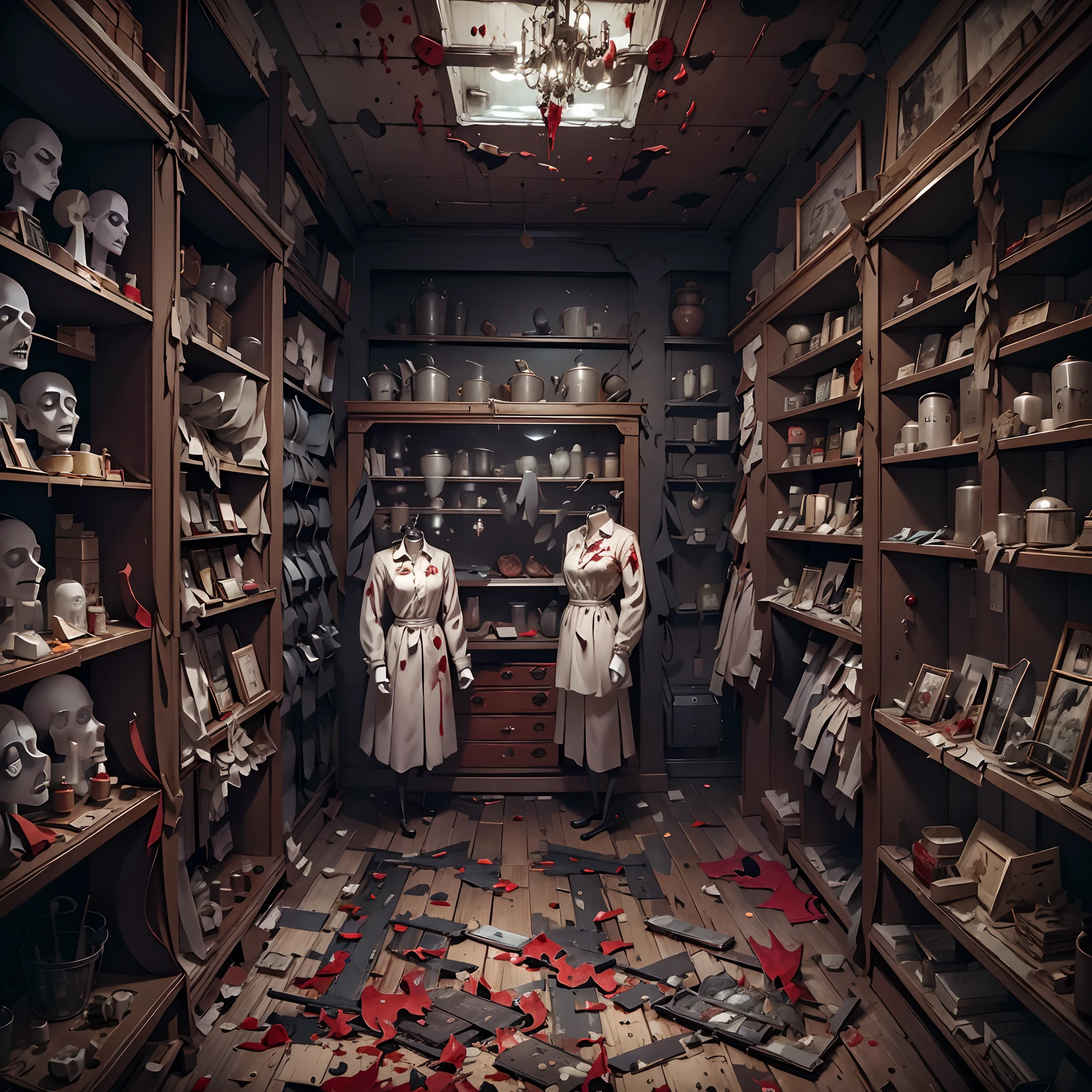 Paper Cuttings style： (((Bloody parts big store interior)))The shelves are full of horror, blood vessel, sci-fy ,(crowed:1.2),[Creepy mannequins], [Horrible amputation], [Bloody tools], [Rotting organs], [Terrible surgical instruments], [Disturbing dissection table], [Eerily dim lighting], [Sinister atmosphere][Creepy sculpture], [Disturbing mural], [Horror movie props], [Creepy doll head], [Haunting reflection], [Creepy shadows], [Morbid curiosity], [Creepy glass jars], [Ominous background music], [Creepy costumes], [Distorted mirror], [Menacing mannequin eyes], [Spooky abandoned aisles], [Bloody floor], [Haunted whispers], [Psychotic salesman], [Creepy window display], [Scary realistic mannequin limbs], [The screams echoed in the distance], [sinister expressions], [Strange mannequin face], [Grinding chains], [eerie fog], [The Mad Scientist Lab resonates], [Bloodstained price tag], [creepy atmosphera]