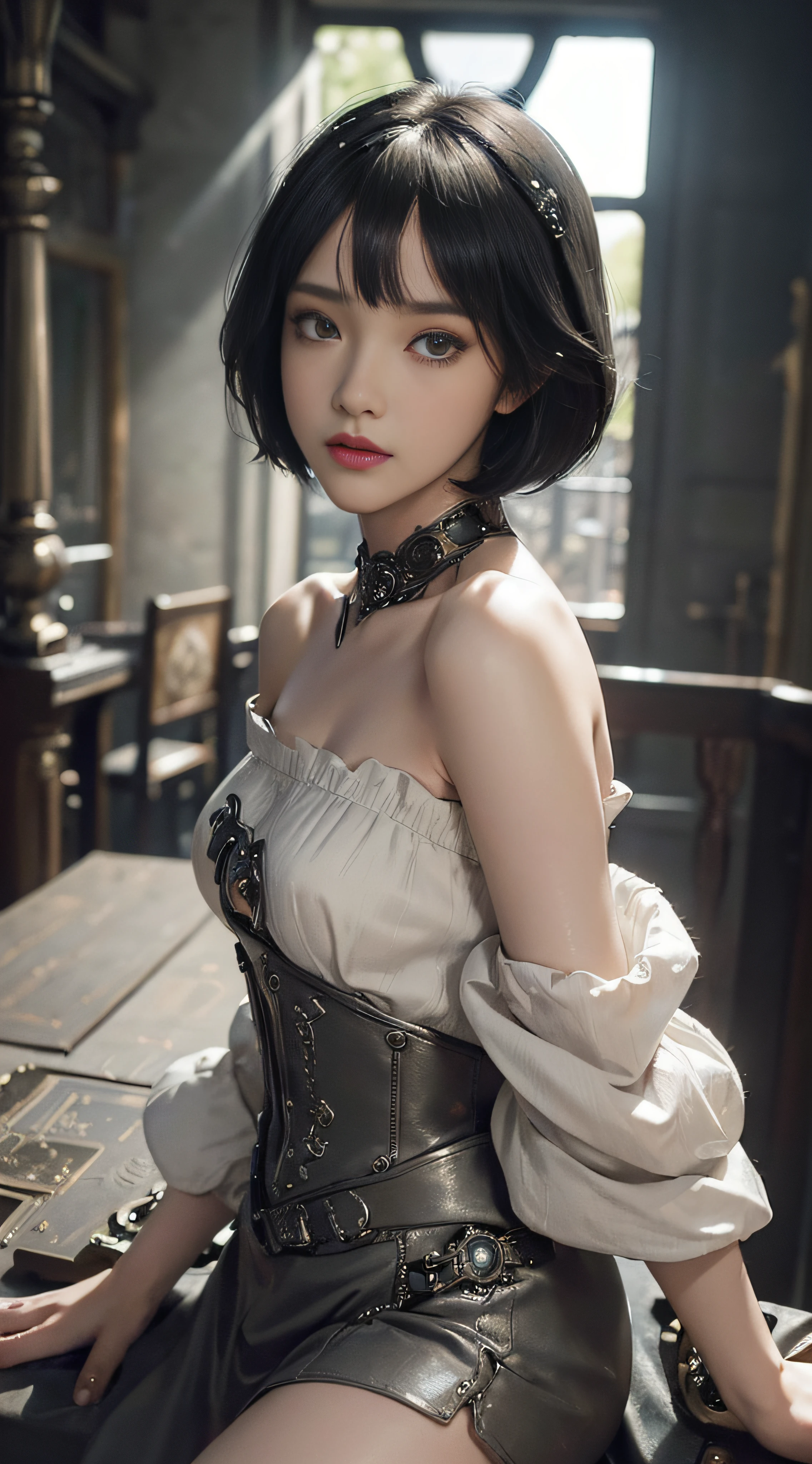 (((Masterpiece, top quality, super detailed))), Composition from the knees up, One female, Slender body, (((short black bob, thick puffy bangs ))), (((very detailed face))), cosmetics-free, small thin nose, small thin-lipped mouth, (((very sharp focused eyes))), large slit precision pale grey eyes, sparkling like jewels, Long eyelashes, ((Very intricate mechanical steampunk fashion, Off-shoulder gothic fashion, Excessively decorative fashion)), (((overall accuracy has improved dramatically, creating a super detailed and realistic image))), Super realistic photo.