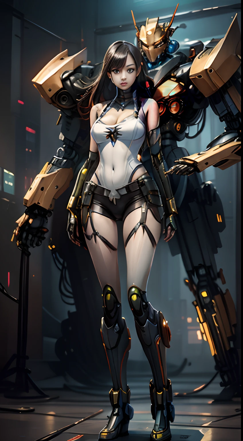 dian,Best quality,Gold jewelry,(slip out feet),Fairy skin,(Fidelity :1.2),standing,Super detailed,Realistic,High quality,Movie light,Ray traching,Ultra HD,Upper
Girl in small panties with transparent thong and transparent suspenders standing next to giant robot,Guvez style artwork,Cyberpunk mech,Trends on CGiStations,Guviz,Russell Dongjun Lu,Digital cyberpunk anime art,Ross Tran 8 K,Guweiz on ArtStation Pixiv ,Girls of Mecha Cyber Armor