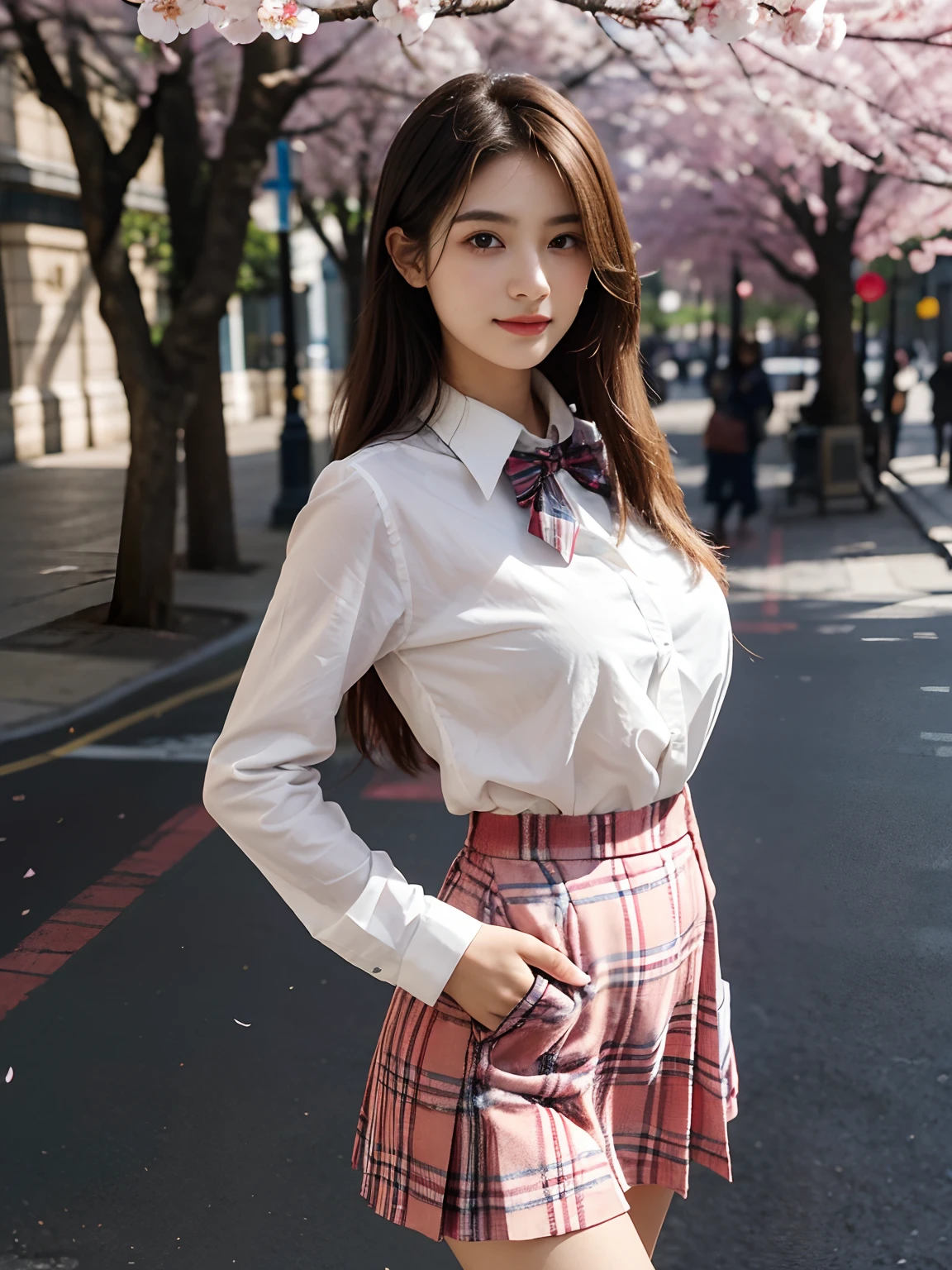 best qualtiy,tmasterpiece,超高分辨率,(真实感:1.4),RAW photogr,1girll,long whitr hair,Face Highlighting,Pure,Girly,Flushing,18yr old,18-year-old smiling female classmate,Pure,Innocent,(best qualtiy,8K,tmasterpiece:1.3),Goose egg face,largeeyes,long eyelasher,Exquisite(live-action realistic style),Star-like eyes,Ultimate face,Photorealistic light and shadow,Clear facial features,Milky white skin,Fair skin, highdetailskin, Realistic skin details, Visible Pore,(Super detail),(perfect bodies:1.1),long whitr hair,(dynamicposes),((Dynamic background((volumettic light:1.3)),huge tit,Cherry blossom avenue,Plaid skirts,Short skirt that wraps around the hips,Plaid bow tie,white shirt,liberta,Dashing,long leges,Shunguang,Street photography