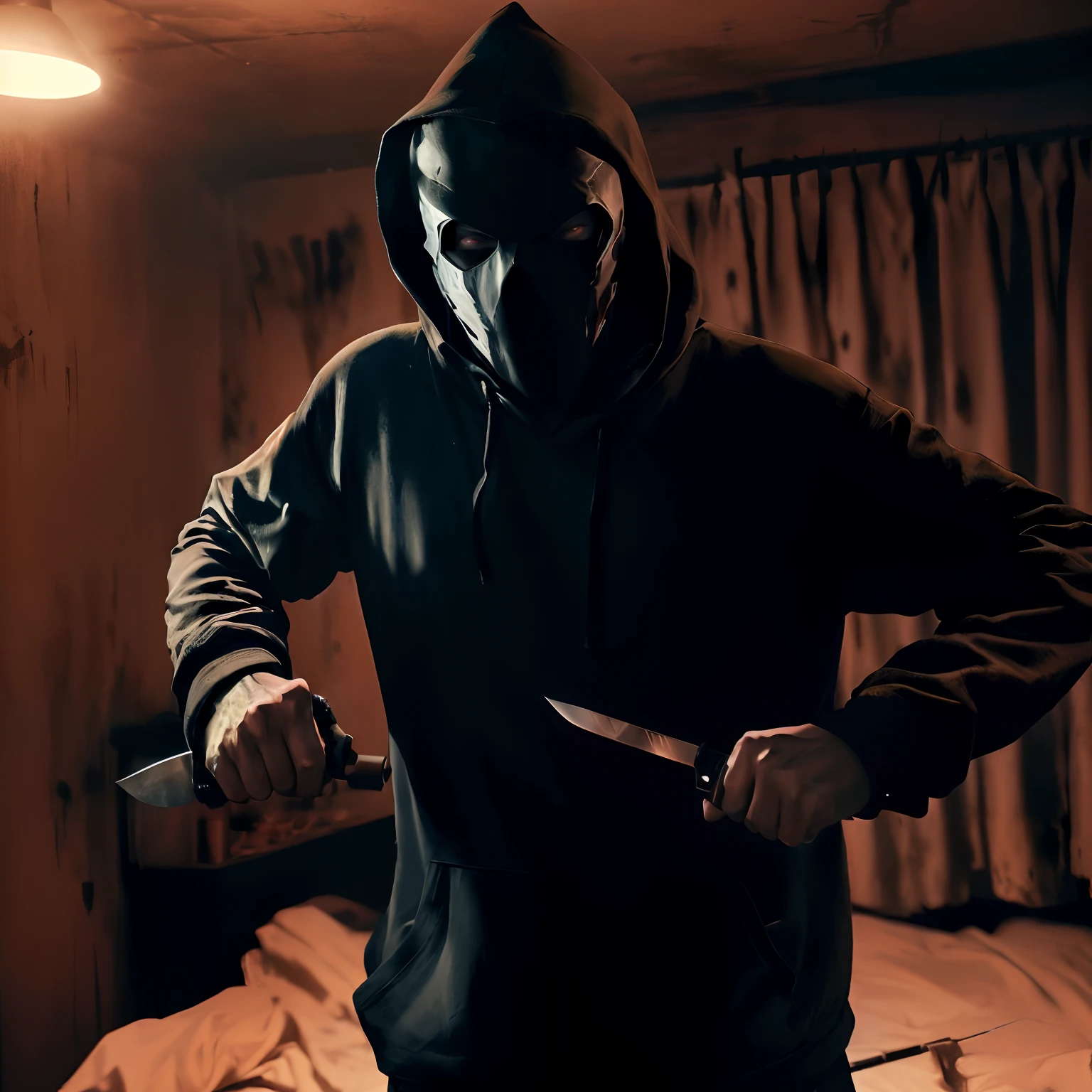 arafed man in a hoodie holding a knife in a dark room, horror movie slasher, holding knife, holding a knife, armed with edged weapons, masked person in corner, action horror, white man with black fabric mask, film still from a horror movie, a hooded killer a cane, slasher movie, the reaper as a scary, creating an ominous presence