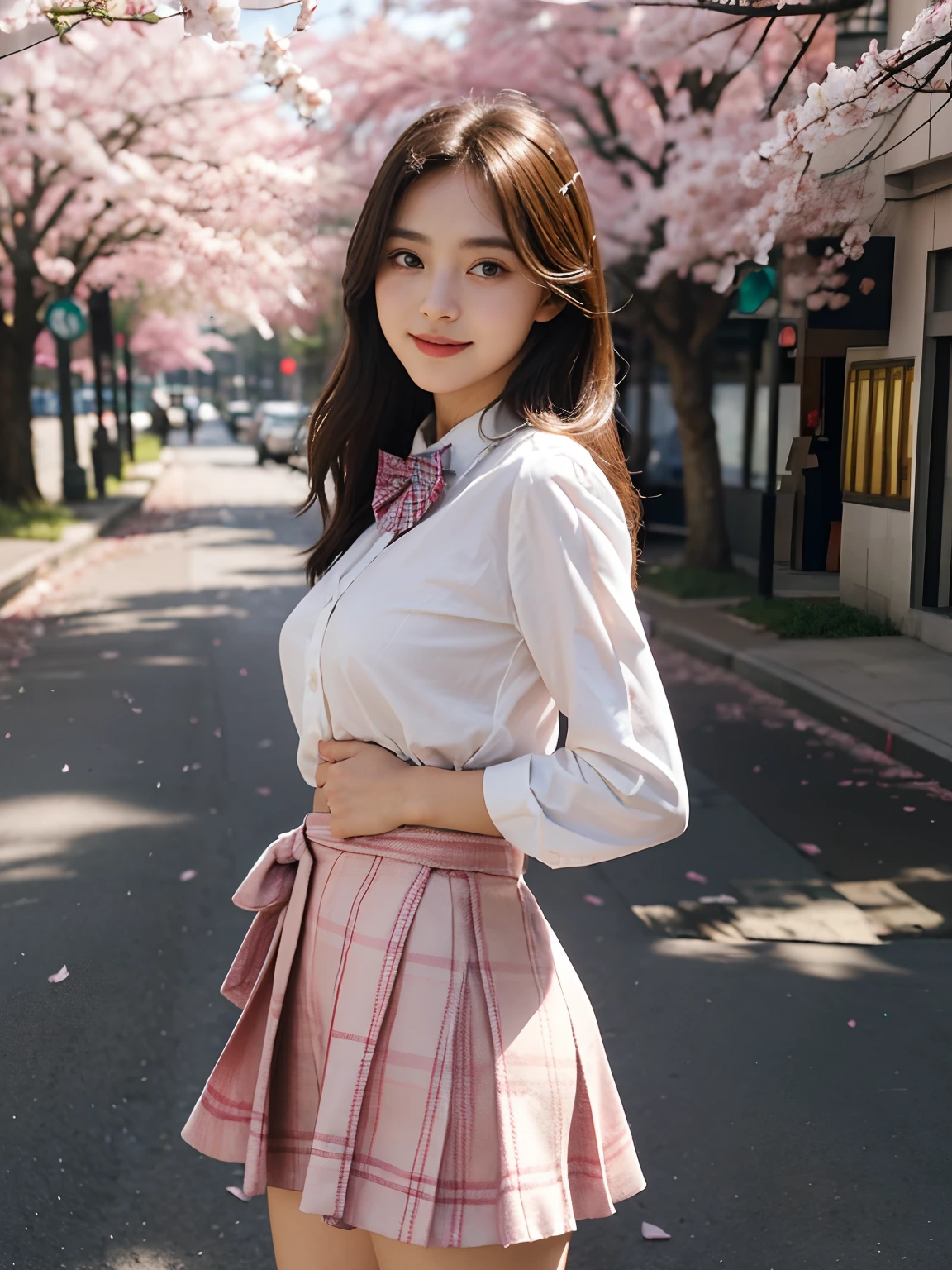 best qualtiy,tmasterpiece,超高分辨率,(真实感:1.4),RAW photogr,1girll,long whitr hair,Face Highlighting,Pure,Girly,Flushing,18yr old,18-year-old smiling female classmate,Pure,Innocent,(best qualtiy,8K,tmasterpiece:1.3),Goose egg face,largeeyes,long eyelasher,Exquisite(live-action realistic style),Star-like eyes,Ultimate face,Photorealistic light and shadow,Clear facial features,Milky white skin,Fair skin, highdetailskin, Realistic skin details, Visible Pore,(Super detail),(perfect bodies:1.1),long whitr hair,(dynamicposes),((Dynamic background((volumettic light:1.3)),huge tit,Cherry blossom avenue,Plaid skirts,Short skirt that wraps around the hips,Plaid bow tie,white shirt,liberta,Dashing,long leges,Shunguang,Street photography