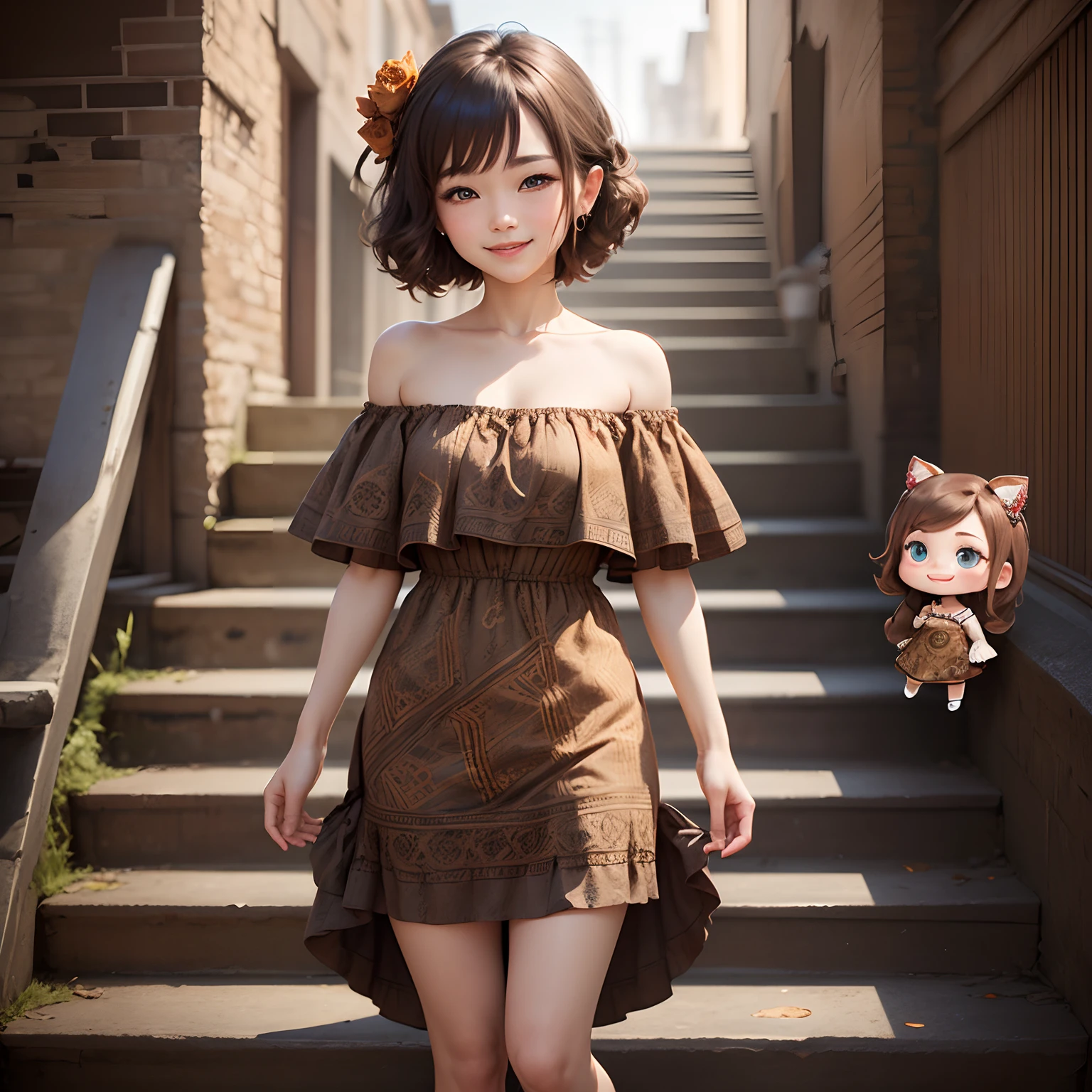 ​masterpiece、top-quality、ultra-detailliert、1 Chibi character、Sauvage Hair、A smile、((Brown Jasper Pattern Off Shoulder Dress:1.4))，Standing、stairway