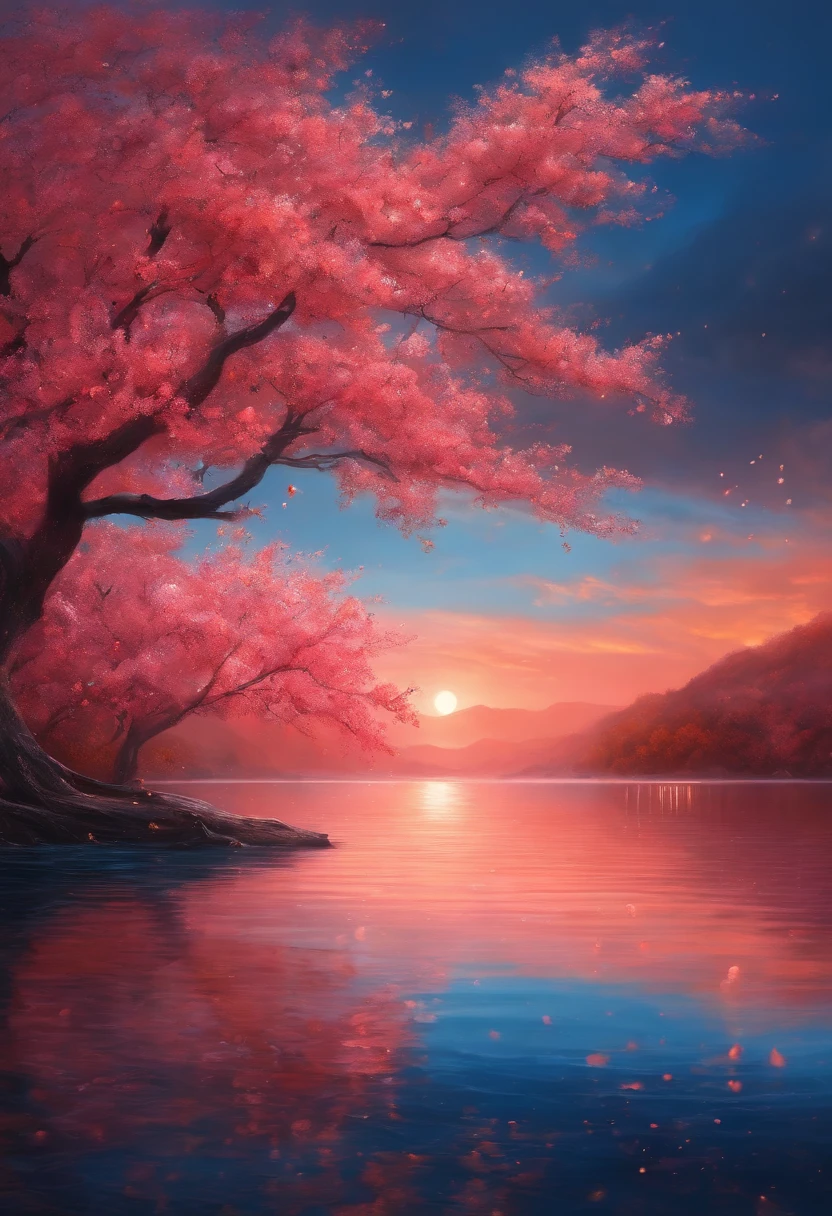 horizon ,peach flower rain, fire painting,transparent blue lake,pink coral,extra-wide vision,best quality,official art