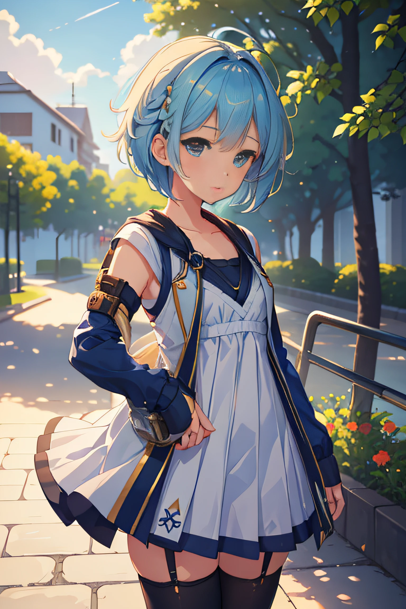 White combat suit with blue pattern, a cute girl, pixie cut hair, small breasts, flat chest, outdoors, blue sky, Canon, masterpiece, high quality, high details, textured skin