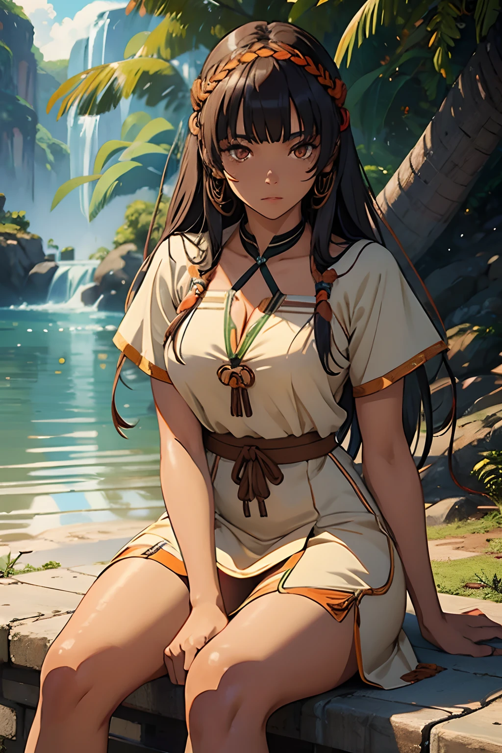Anime character Brazilian indigenous adult woman, beige dress, brown skin, long hair with bangs, sitting on the riverside, masterpiece, best quality, detailed skin, detailed eyes, orange eyes,8k, good shading, beautiful strokes, detailed background, good anatomy