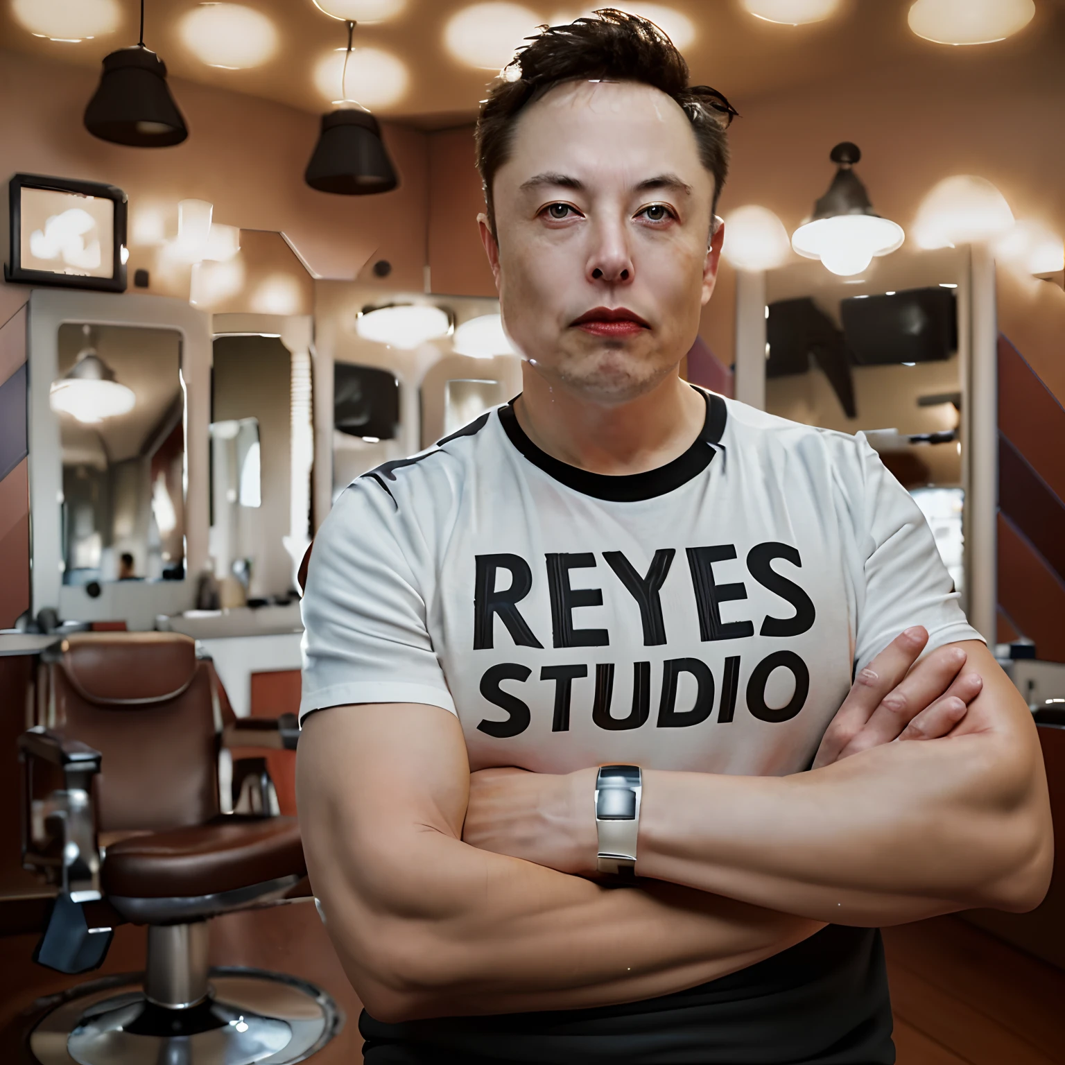 Generates a digital image of Elon Musk in a confident pose, with his arms crossed, wearing a black t-shirt with the inscription “REYES STUDIO” on the chest. The background of the scene must represent an authentic barbershop, with characteristic elements such as a classic vintage barber chair, antique mirrors, and traditional decoration details, epic realistic photography, hyperrealistic.