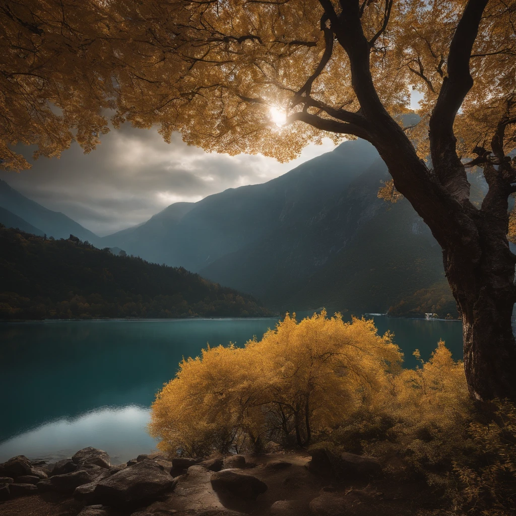 Magnificent view,zori,Foggy vision,Alpine forest landscape photography,Pale sunrise, Majestic mountain,Rugged mountain roads,(Boulders),precipice,Clear and transparent water,Broad field of view,Minimalist,Black-white-cyan-yellow tones,giant tree,bushes,falling leaf,desolated,Aloneness,Cold,foggy sky,Not dazzling morning sun,Nightmare vision,Dark fantasy plot,Perfect and excellent composition,8K分辨率,the detail,limitations,Close-up ultra-wide angle shot,Cool background,Jack Guzman's environmental art photography,realisticlying,cinematic compositions,,vividness, A detailed, stunning skies,Colorful clouds float,true to life, Pubic area is clear, flawless perfection, Digital SLR, 1024, 2048, 4096, A detailed, Sharp, best qualtiy, high qulity, absurderes,unmanned background,The is very detailed、Detailed lighting shadows,Trends on ArtStation、iintricate、high detal、dramatics、(Volumetriclighting:1.2)hdr shot。(Close-up,Super deep view,ultra-wide-angle,Microfocal length lens:1.2)(realisticlying:1.4)tmasterpiece、high high quality、Beautiful photography,globalillumination