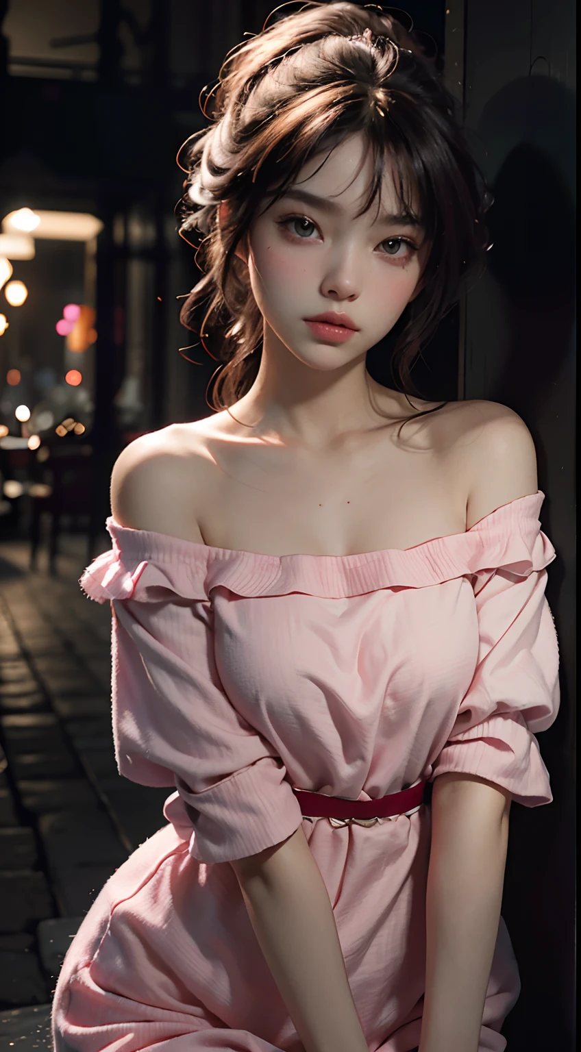 Best Quality, Masterpiece, Ultra High Resolution, (Realisticity: 1.4), Original Photo, 1girl, Pink Off-the-Shoulder, Cinematic Lighting