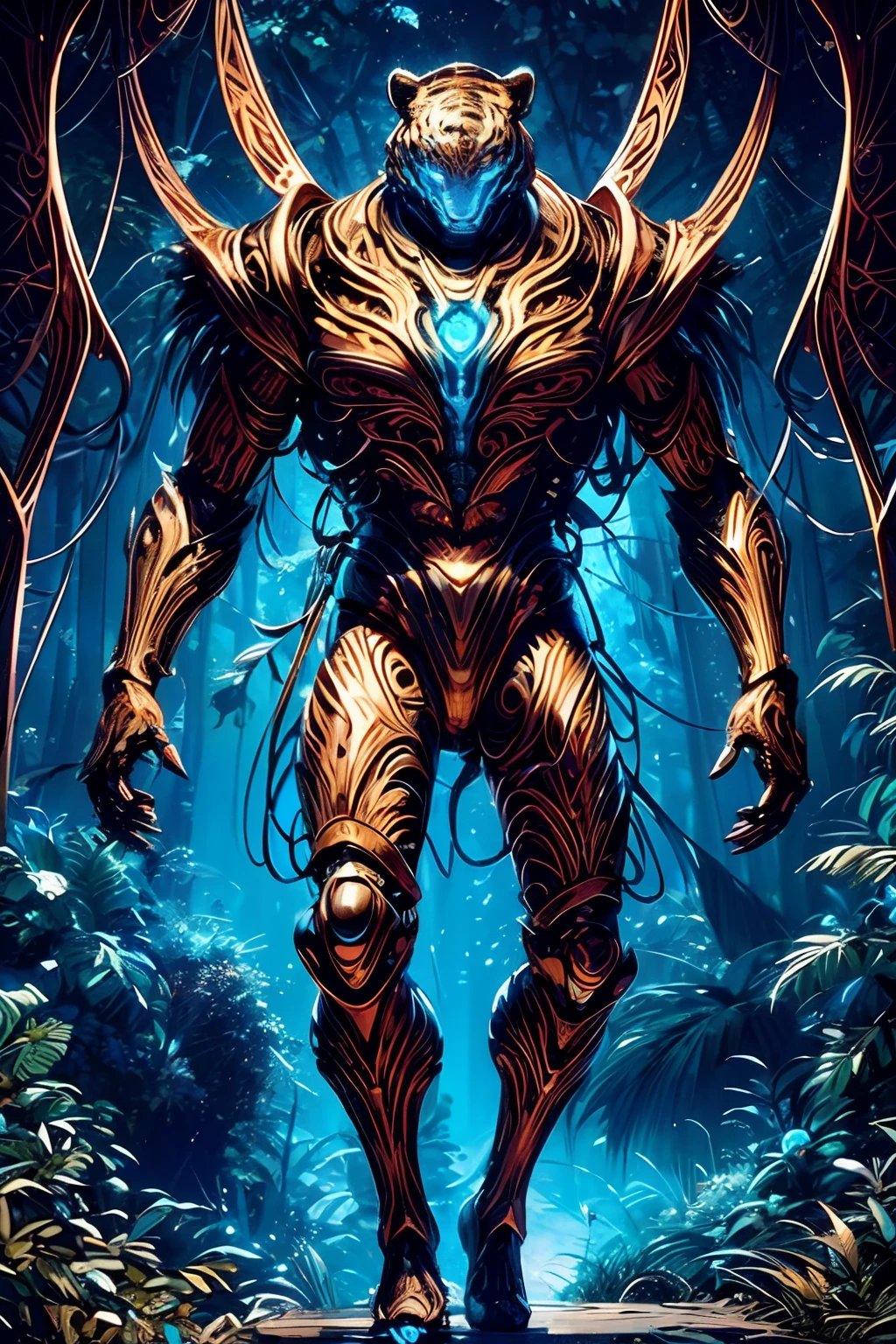 a photograph of a full body mechanical tiger in copper and blue glowing eyes, perched on a tree in the jungle at night, art by Ridley Scott, ultra highly detailed, cinematic, 32k, intricated, high quality,  complex patterns, rust,