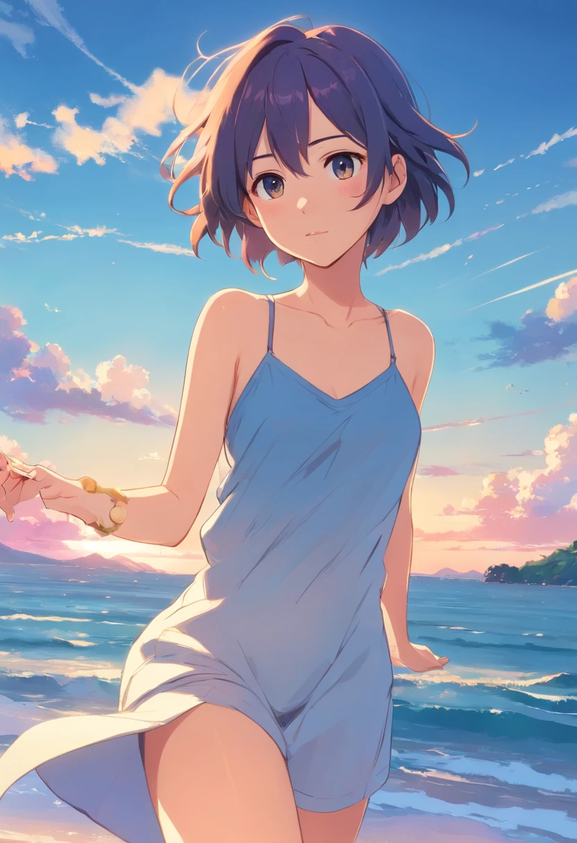 Best quality at best,Original,tmasterpiece,超高分辨率,Sweet girl,Draped with hair,Necklace necklace,camisole,medium boob,beachside,城市,healed