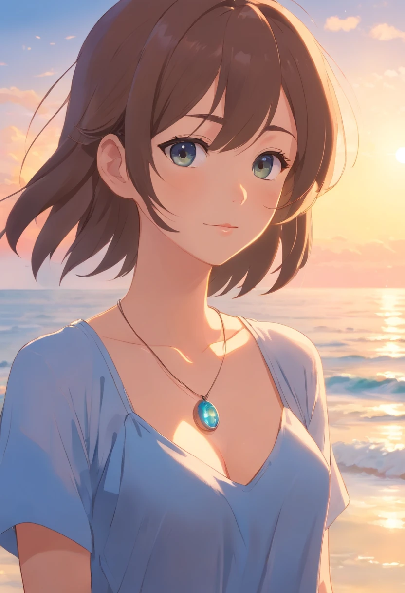 Best quality at best,Original,tmasterpiece,超高分辨率,Sweet girl,Draped with hair,Necklace necklace,camisole,medium boob,beachside,城市,healed
