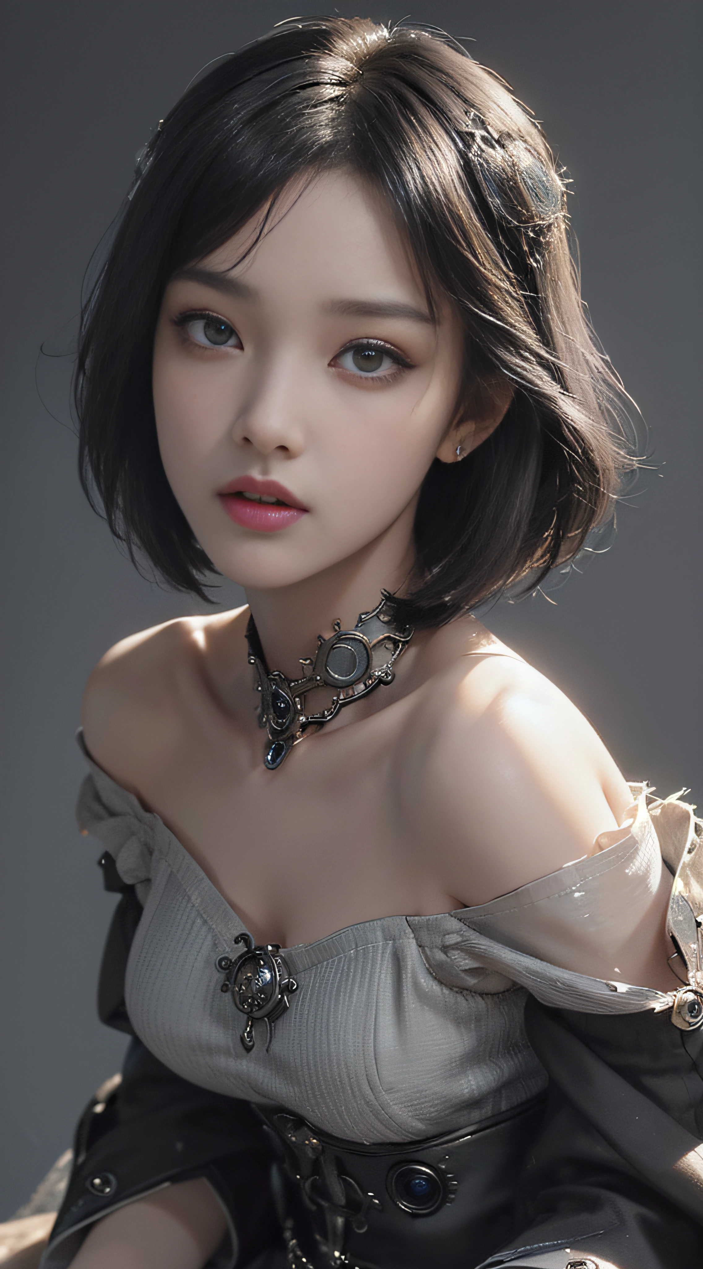 (((Masterpiece, top quality, super detailed))), Composition from the knees up, One female, Slender body, (((short black bob, thick puffy bangs ))), (((very detailed face))), cosmetics-free, small thin nose, small thin-lipped mouth, (((very sharp focused eyes))), large slit precision pale grey eyes, sparkling like jewels, Long eyelashes, ((Very intricate mechanical steampunk fashion, Off-shoulder gothic fashion, Excessively decorative fashion)), (((overall accuracy has improved dramatically, creating a super detailed and realistic image))), Super realistic photo.