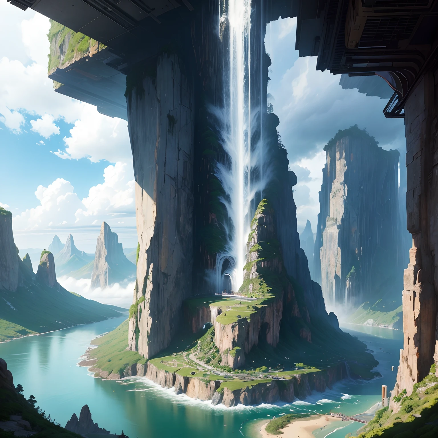 ＳＦart by，Super huge waterfall，cyberpunked，超A high resolution，Superb view surrounded by nature，Mystical landscape，in isekai，planet earth，​masterpiece，A world towering above the clouds，Huge island，epcot，