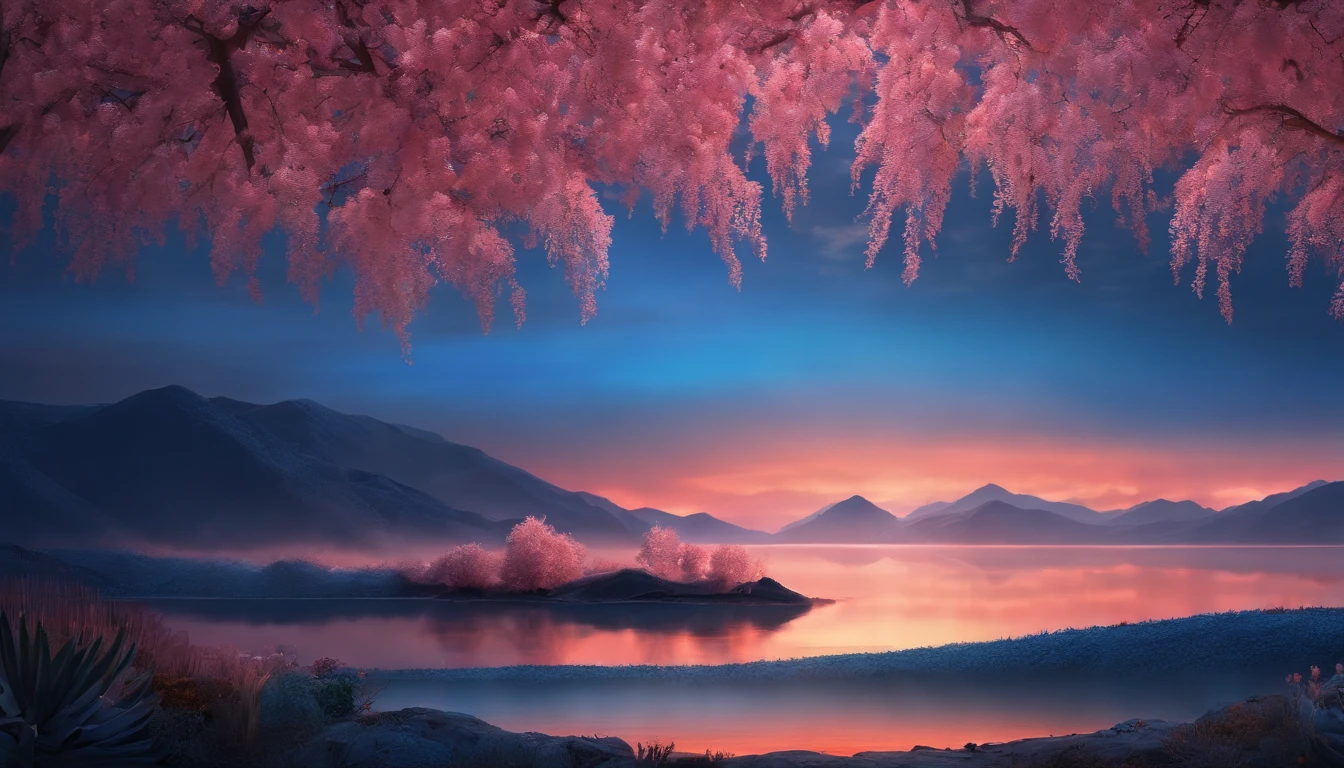 horizon ,peach flower rain, fire painting,transparent blue lake,pink coral,extra-wide vision,best quality,official art