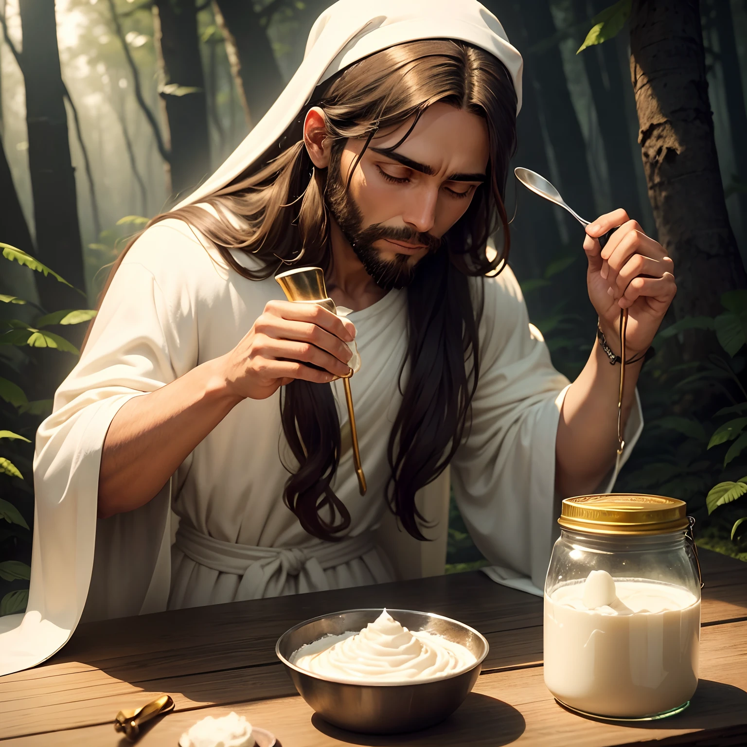 Jesus on a mountain with Brown Skin Long Hair Tied, Wearing white robe, he is preparing a jar of cream with a golden lid.. seu olhar misterioso. is in the middle of a magical forest