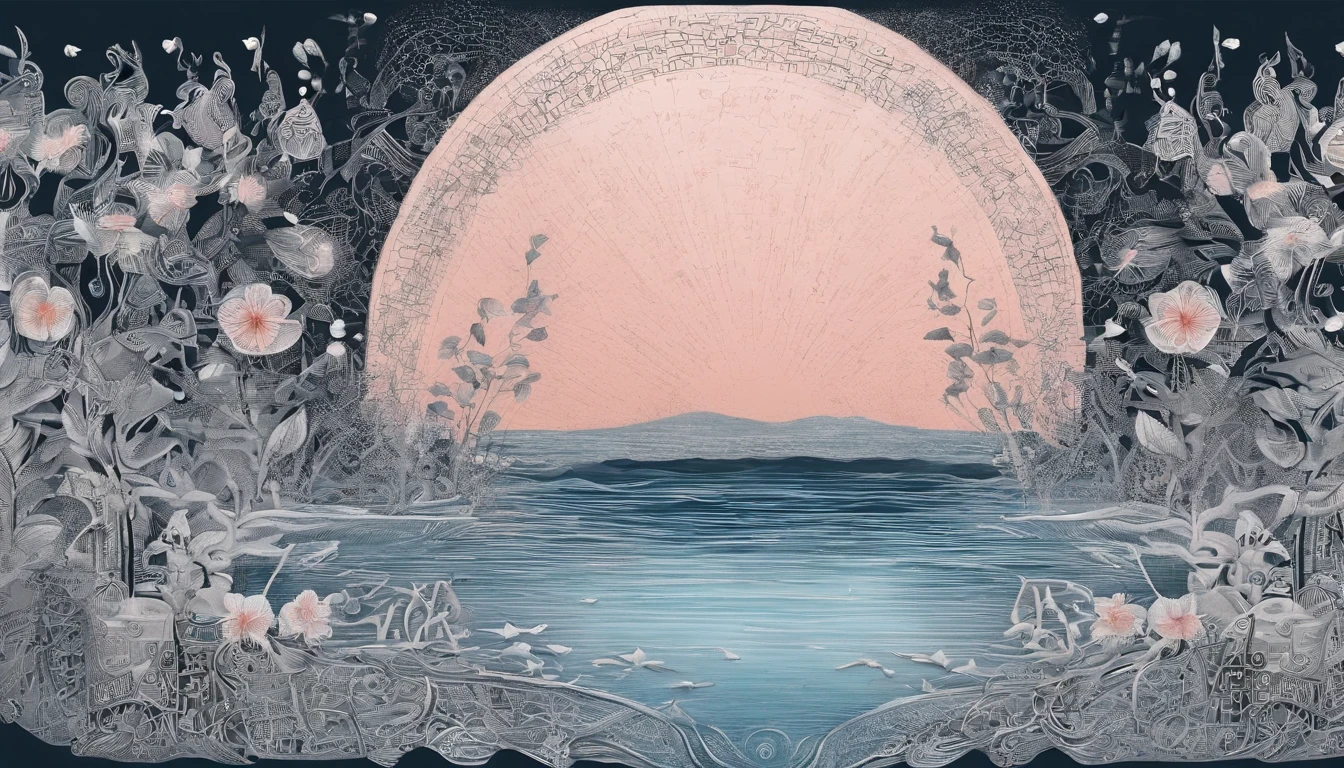 horizon ,peach flower rain, fire painting,transparent blue lake,pink coral,extra-wide vision,best quality,official art