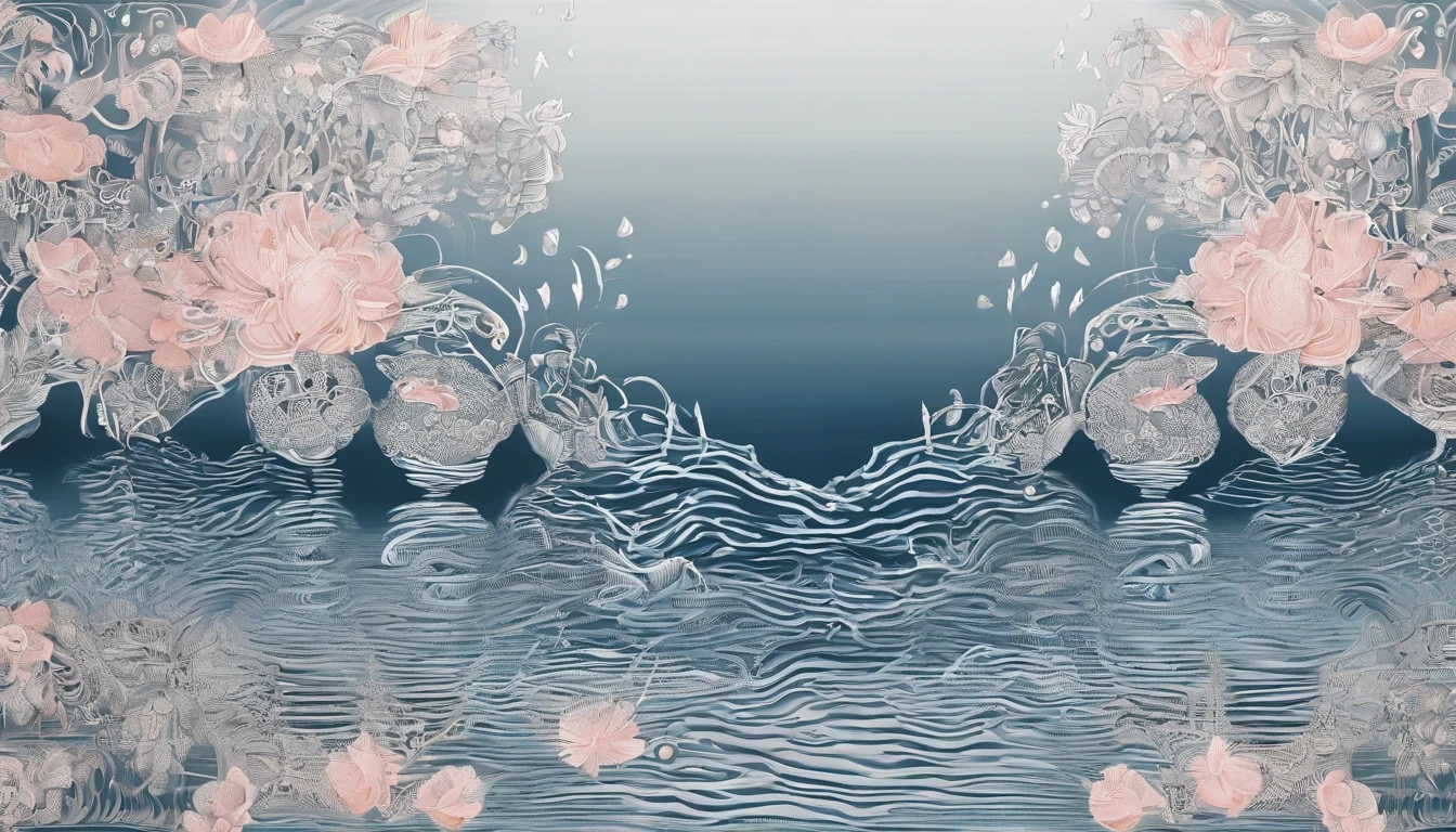 horizon ,peach flower rain, fire painting,transparent blue lake，pink coral,extra-wide vision,best quality,official art