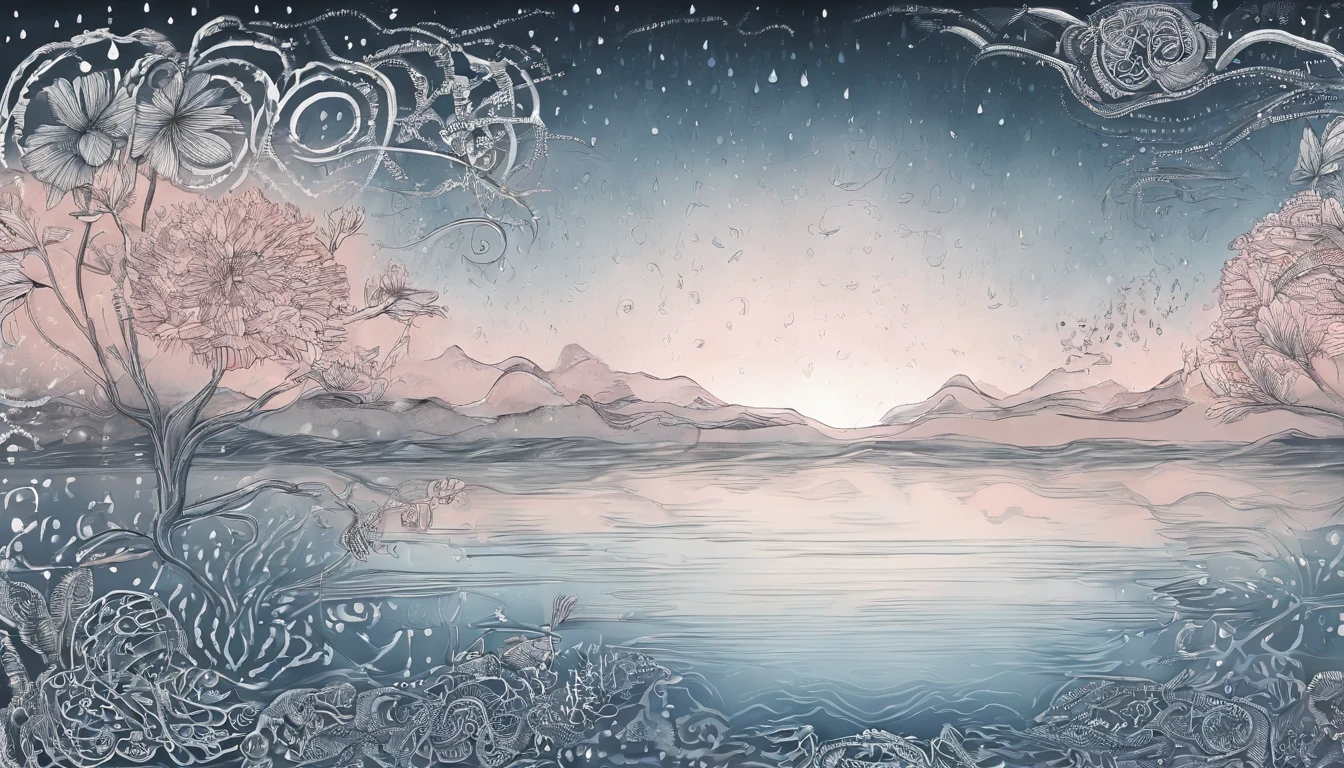 horizon ,peach flower rain, fire painting,transparent blue lake,pink coral,extra-wide vision,best quality,official art
