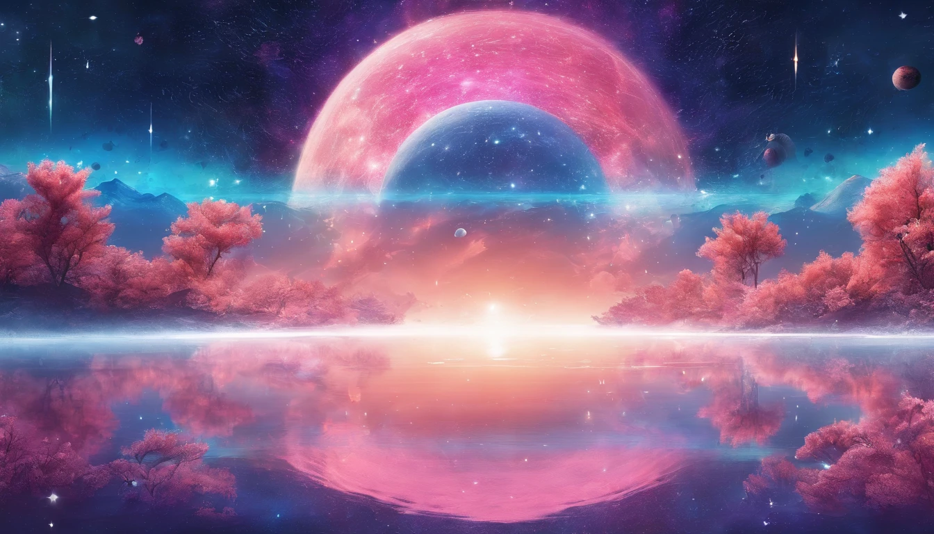 horizon ,peach flower rain, fire painting,transparent blue lake,pink coral,extra-wide vision,best quality,official art