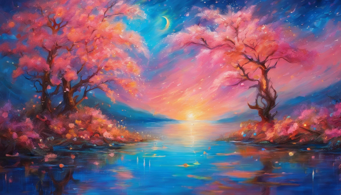 horizon ,peach flower rain, fire painting,transparent blue lake,pink coral,extra-wide vision,best quality,official art