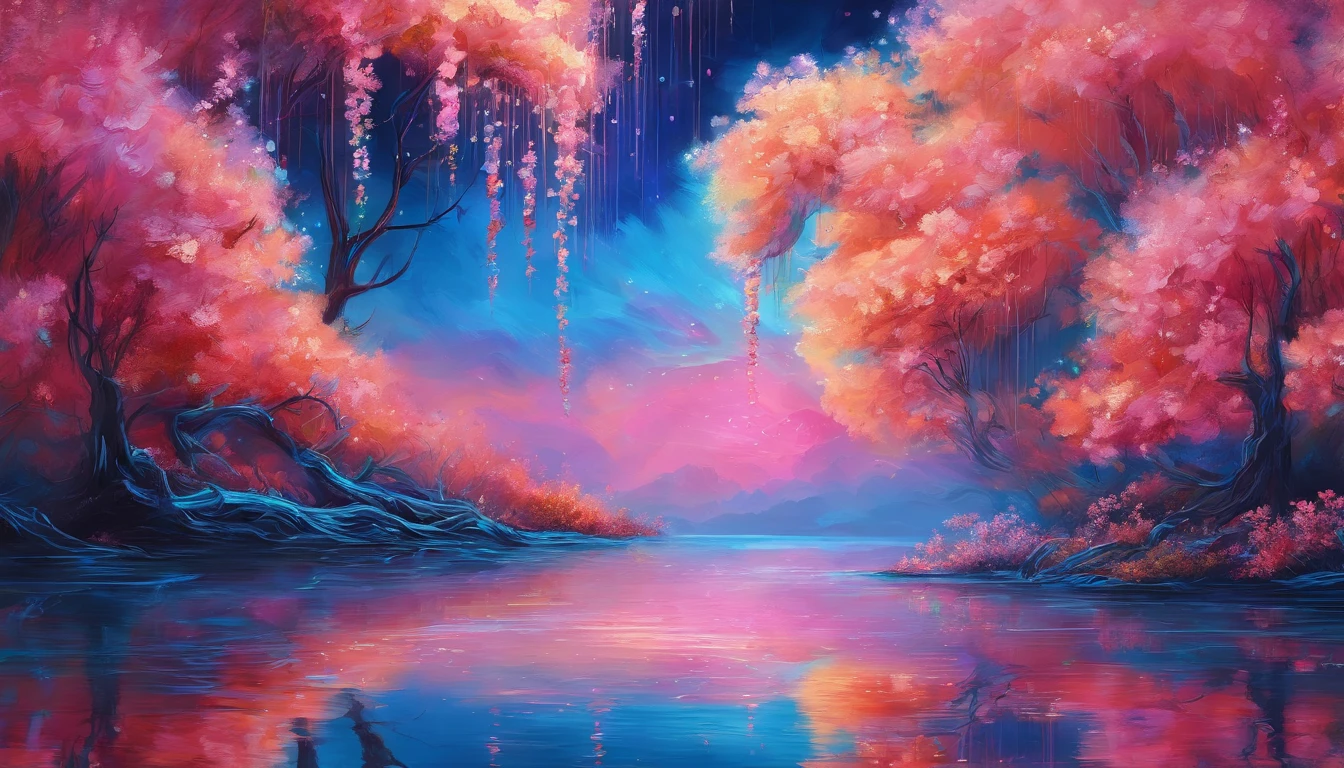 horizon ,peach flower rain, fire painting,transparent blue lake,pink coral,extra-wide vision,best quality,official art