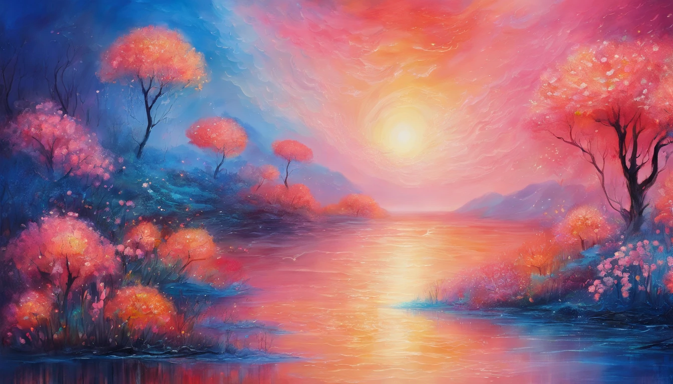 horizon ,peach flower rain, fire painting,transparent blue lake，pink coral,extra-wide vision,best quality,official art