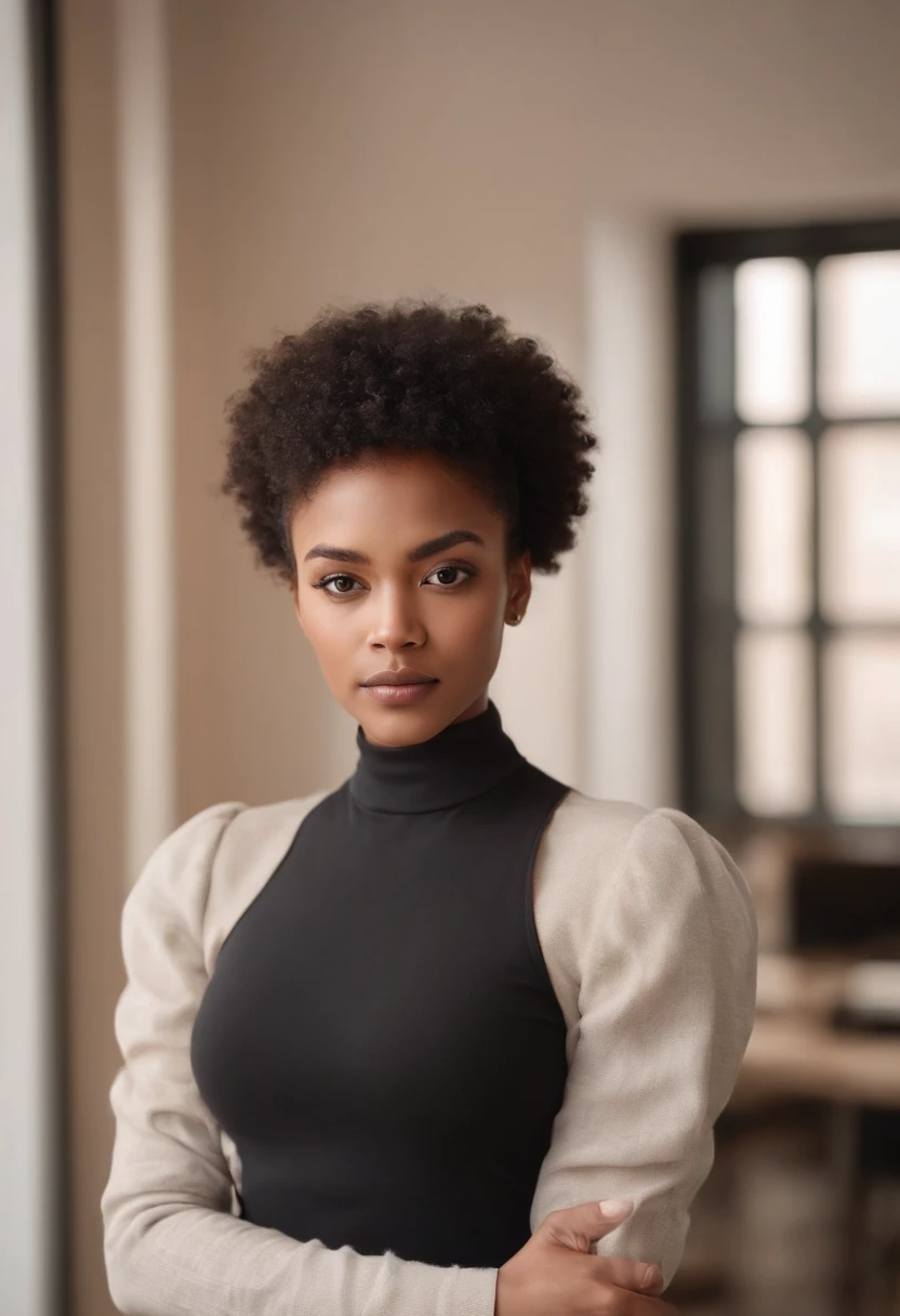 beautiful dark light skin woman with an afro hair style, Out-front photo of Influencer looking at the camera with hands crossed and folded in front of her, Barely any emotion. Looking straight onto the camera. Arms are crossed in front round rib cage,Plain Leggings Black, Setting
In her Manufacturing office (with a heat press).