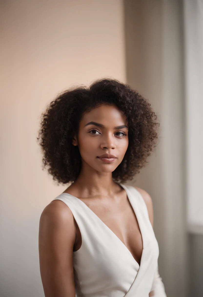 beautiful dark light skin woman with an afro hair style, Out-front photo of Influencer looking at the camera with hands crossed and folded in front of her, Barely any emotion. Looking straight onto the camera. Arms are crossed in front round rib cage,Plain Leggings Black, Setting
In her Manufacturing office (with a heat press).