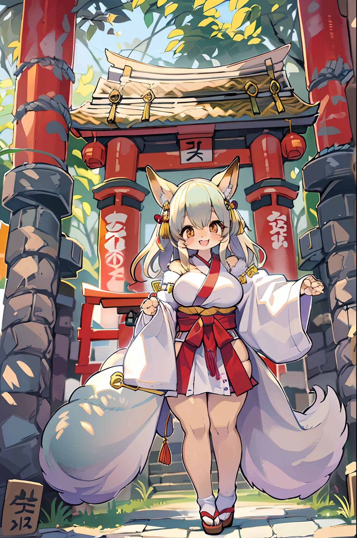 Fox Woman、body covered with fur、huge-breasted、kawaii、shrine maiden、Japan white clothes,Red Hakama、torii gate,summer day、((High Position))、((Selfie))、A big smile、bbw、thick thight、big butts、Ultramammy,Chibi,Nanachi