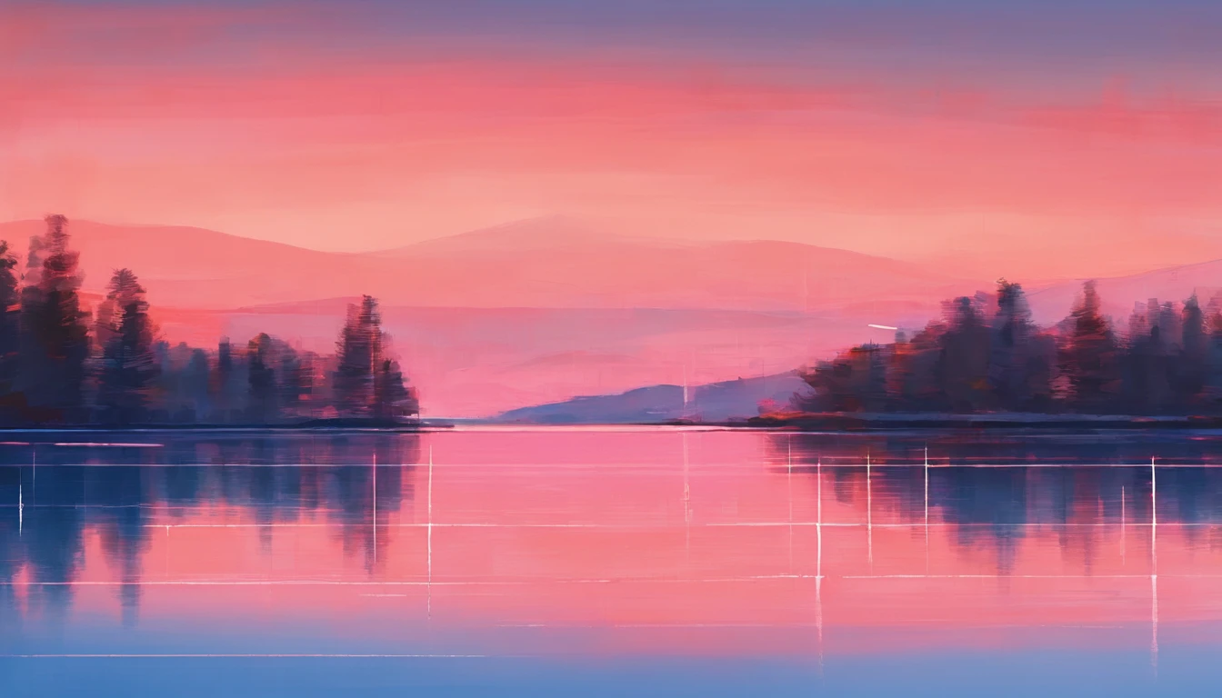 horizon ,peach flower rain, fire painting,transparent blue lake,pink coral,extra-wide vision,best quality,official art